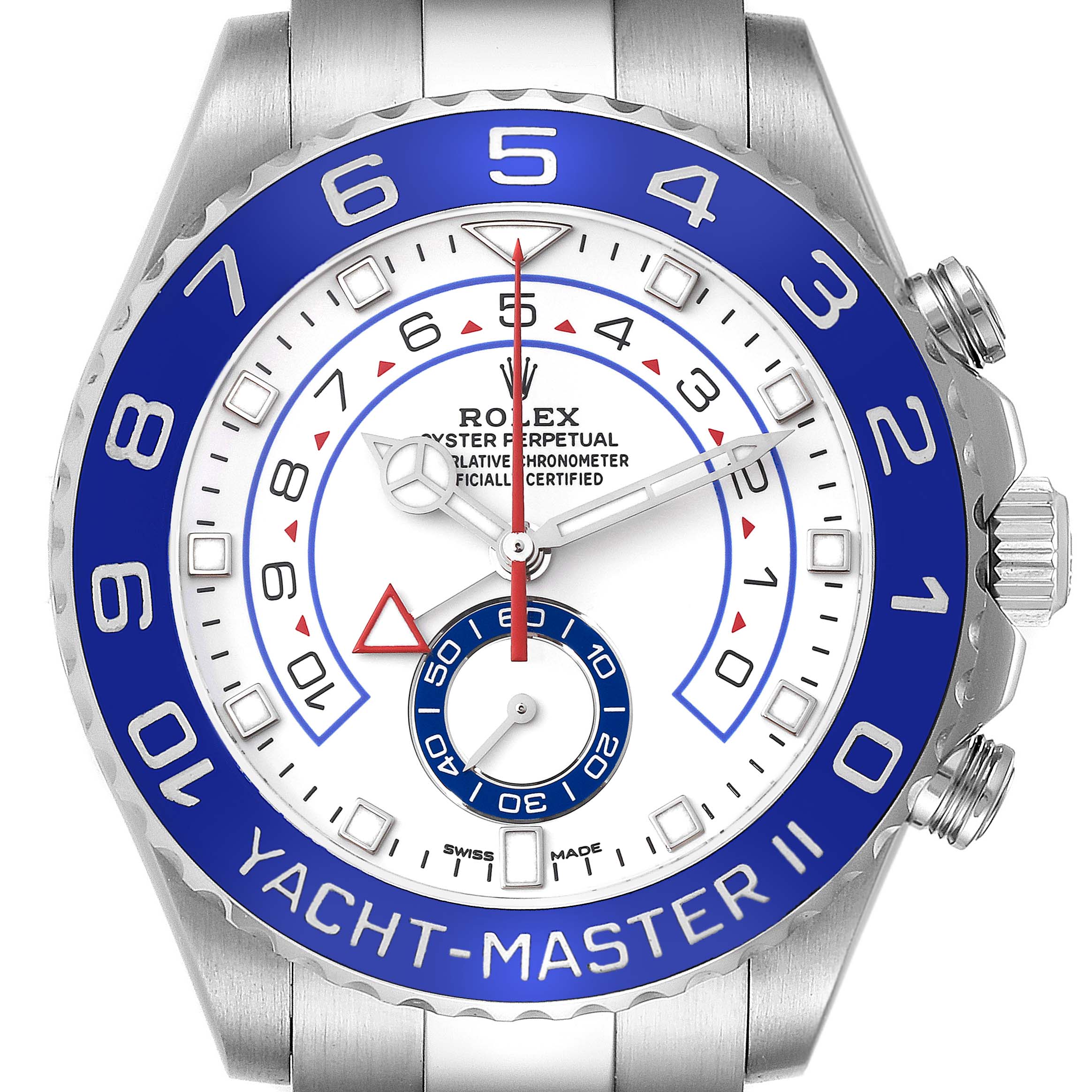The image shows a front view of the Rolex Yacht-Master 116680 Men's Stainless Steel White Dial 116680 Men's Stainless Steel White Dial model, displaying the dial, bezel, and part of the bracelet.