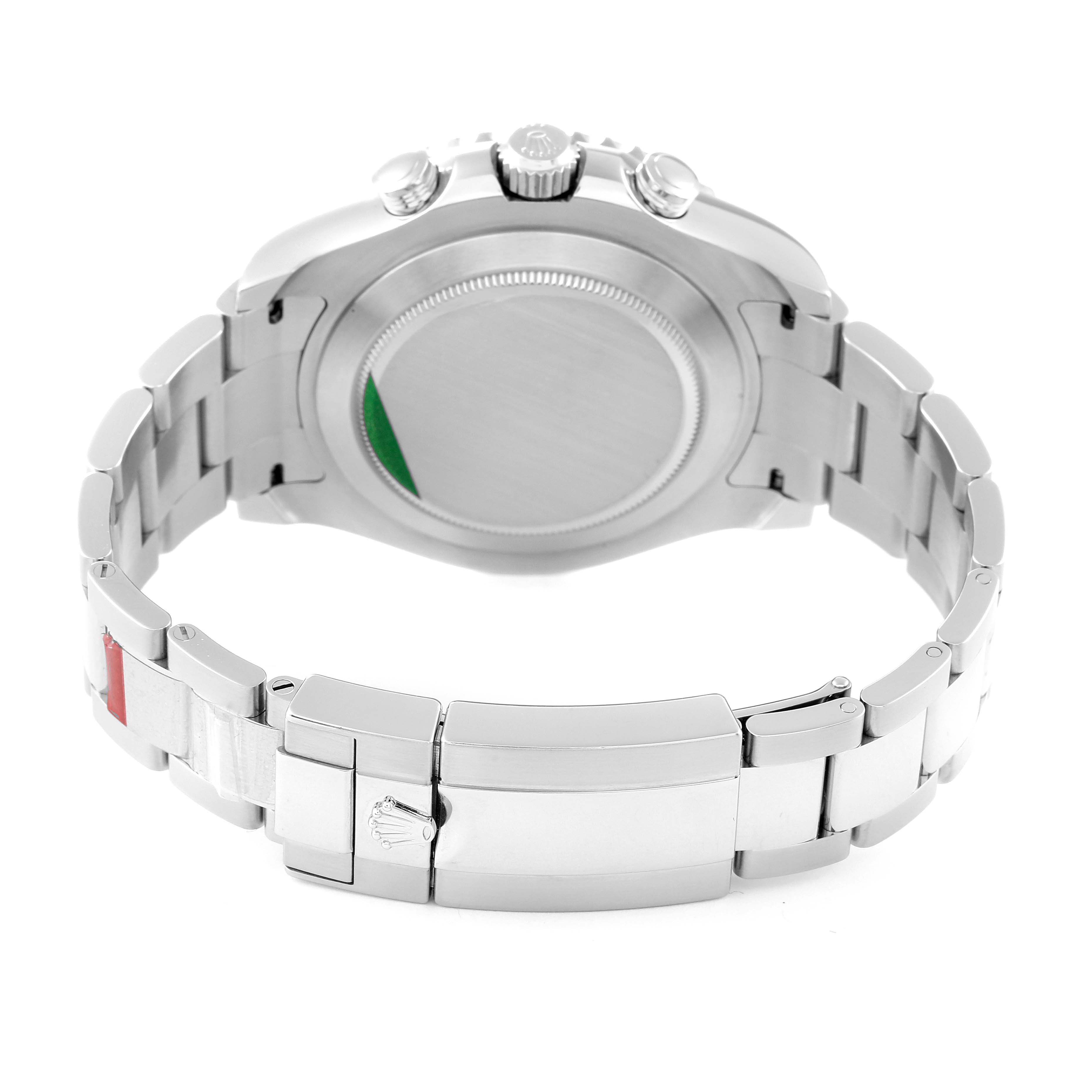 The image shows the back view of a Rolex Yacht-Master 116680 Men's Stainless Steel White Dial 116680 Men's Stainless Steel White Dial watch, highlighting the case back, crown, and metal bracelet with clasp.