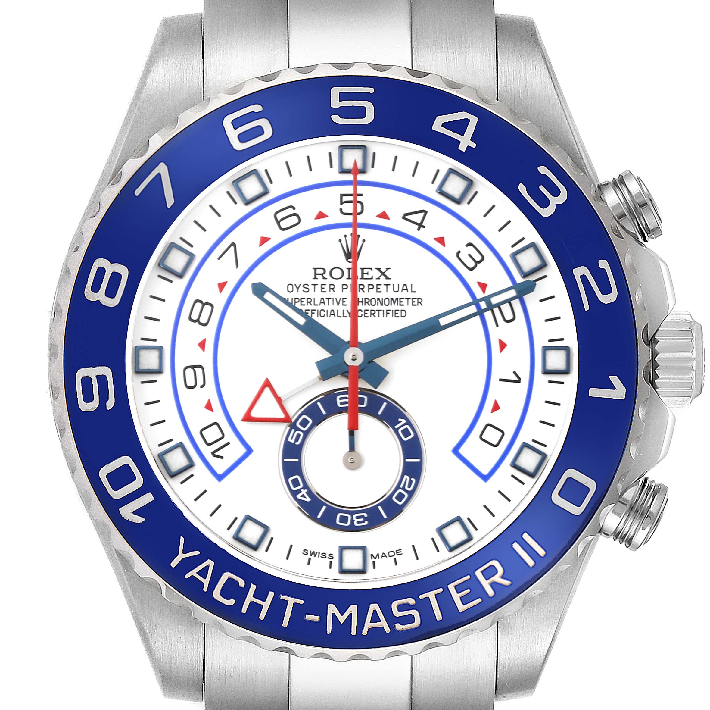 The Rolex Yacht-Master 116680 Men's Stainless Steel White Dial 116680 Men's Stainless Steel White Dial model is shown from the front, displaying the bezel, dial, hands, and crown.