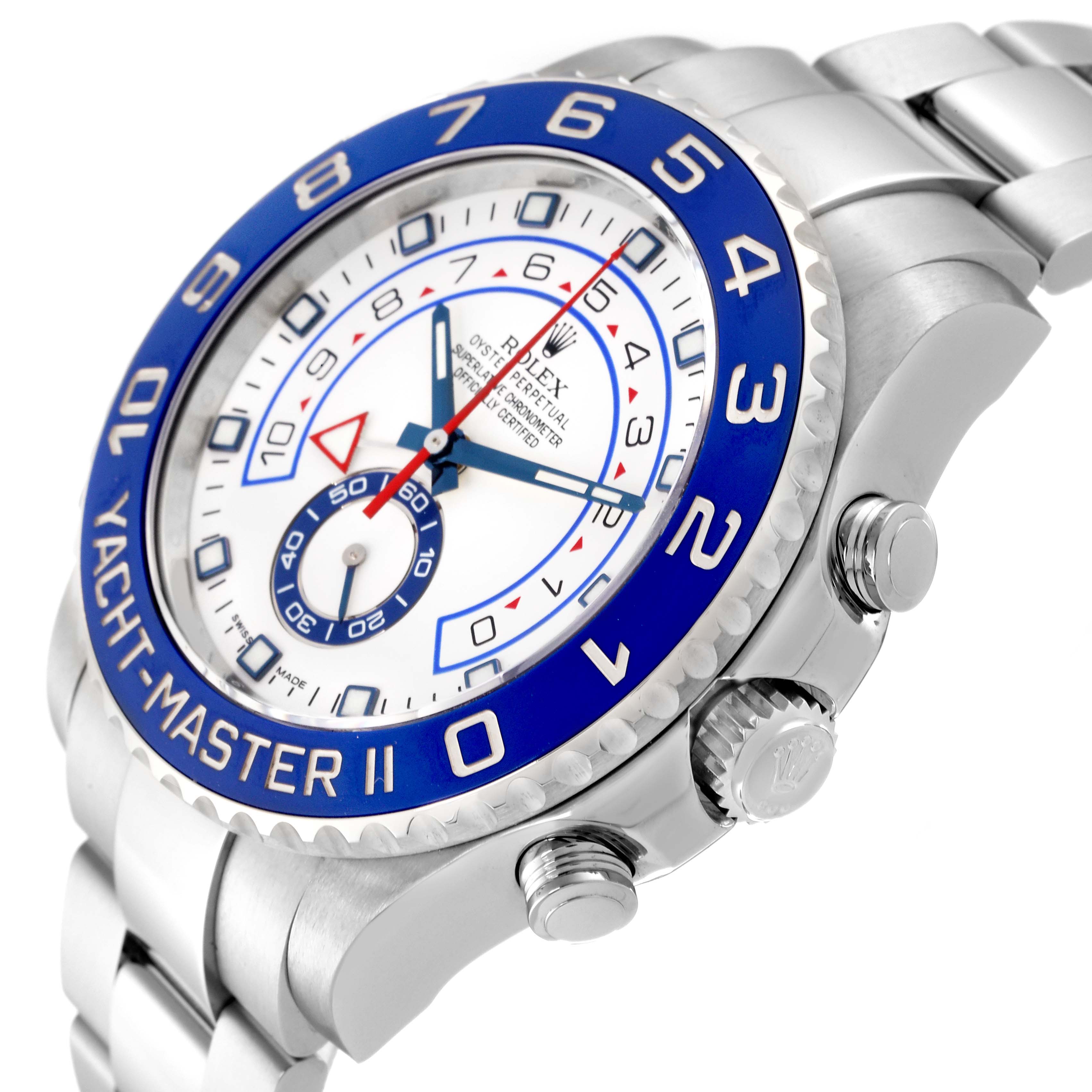 The Rolex Yacht-Master 116680 Men's Stainless Steel White Dial 116680 Men's Stainless Steel White Dial model is shown at a slight angle, revealing the bezel, crown, dial, and part of the bracelet.