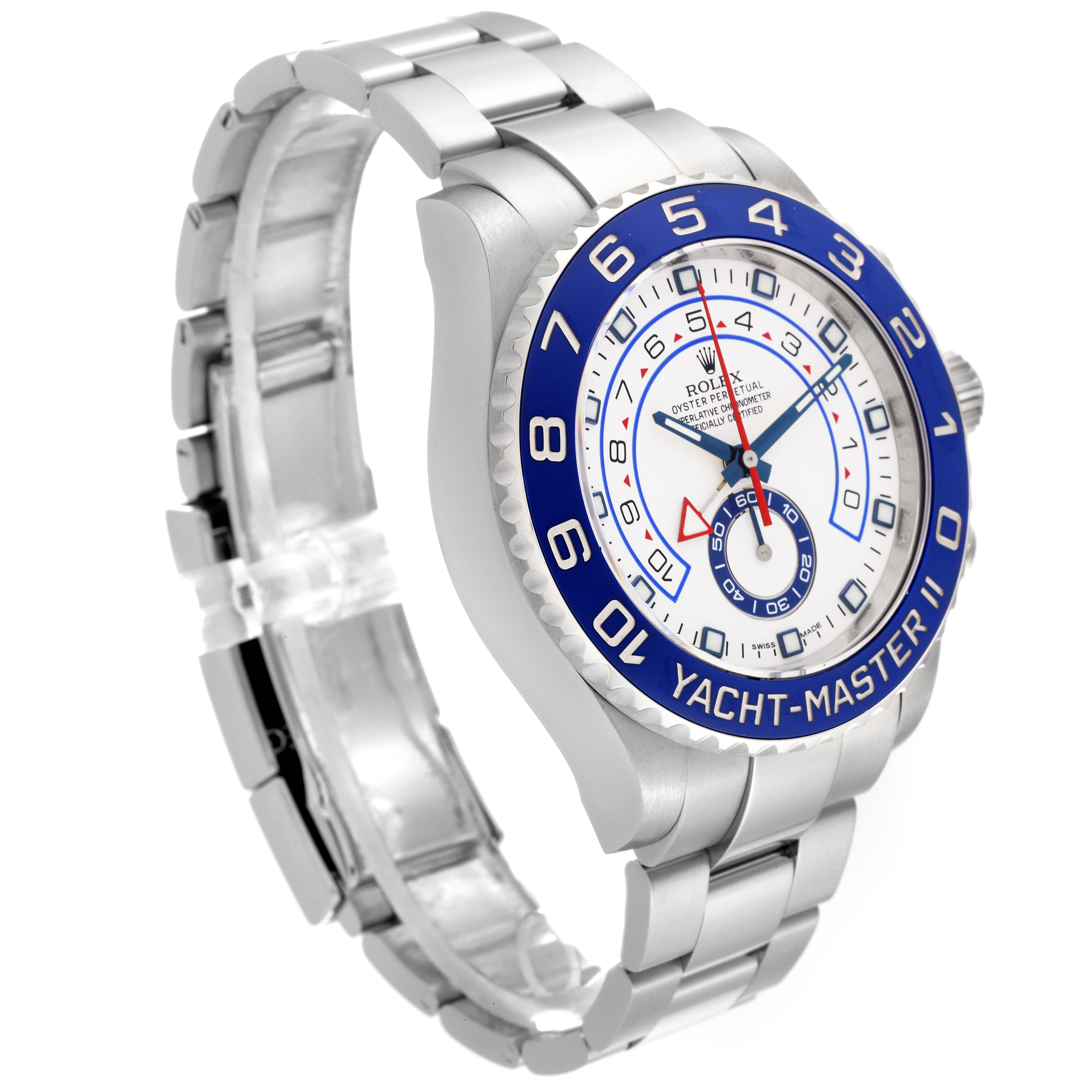 The Rolex Yacht-Master 116680 Men's Stainless Steel White Dial 116680 Men's Stainless Steel White Dial watch is shown at an angled side view, displaying the bezel, dial, and stainless steel bracelet.