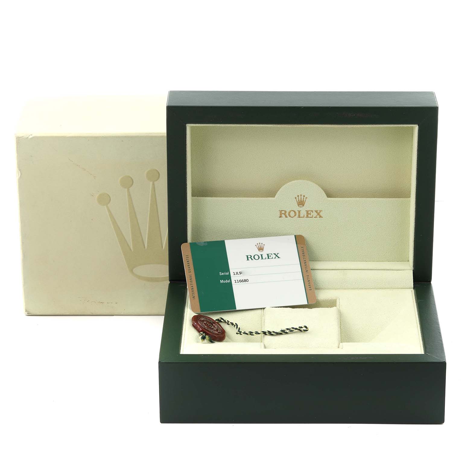 The image shows a Rolex Yacht-Master 116680 Men's Stainless Steel White Dial 116680 Men's Stainless Steel White Dial watch box with a model card and a tag inside.