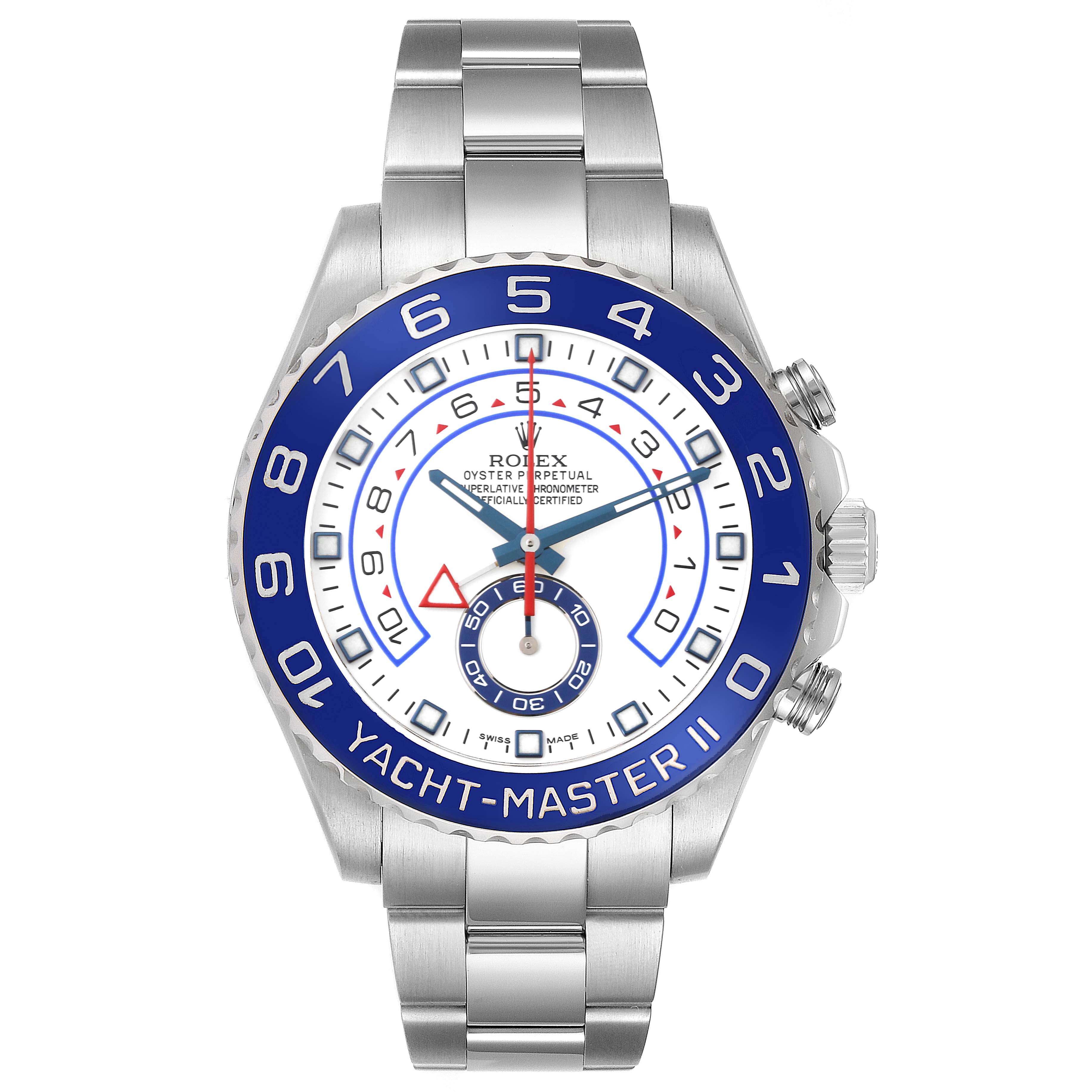 The Rolex Yacht-Master 116680 Men's Stainless Steel White Dial 116680 Men's Stainless Steel White Dial watch is shown from a front angle displaying the dial, bezel, and bracelet.