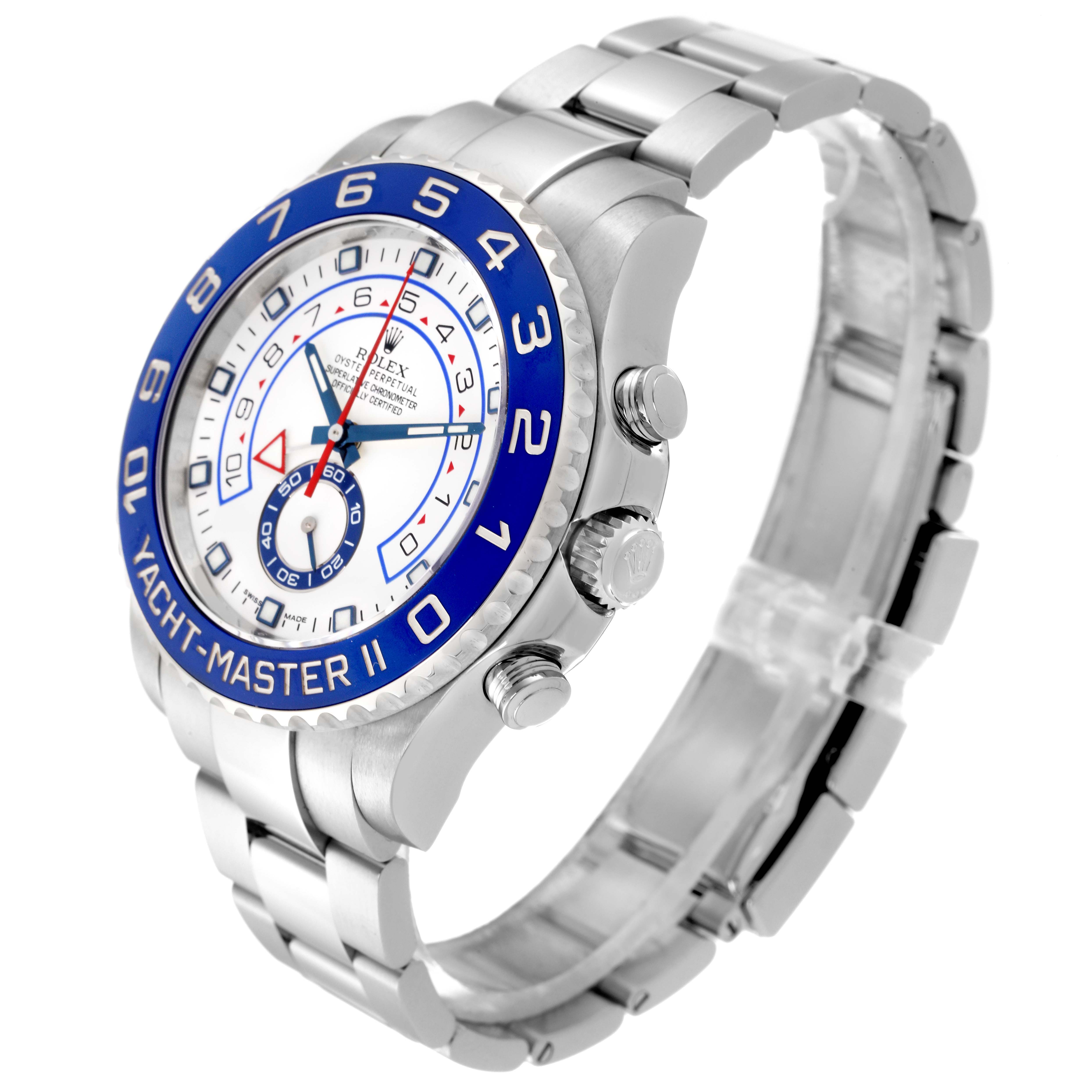 The Rolex Yacht-Master 116680 Men's Stainless Steel White Dial 116680 Men's Stainless Steel White Dial watch is shown at a three-quarter angle, featuring the face, bezel, crown, and metal bracelet.