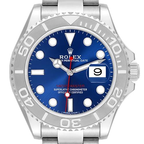 The Rolex Yacht-Master watch is shown from the front, displaying the dial, bezel, hands, and part of the bracelet.