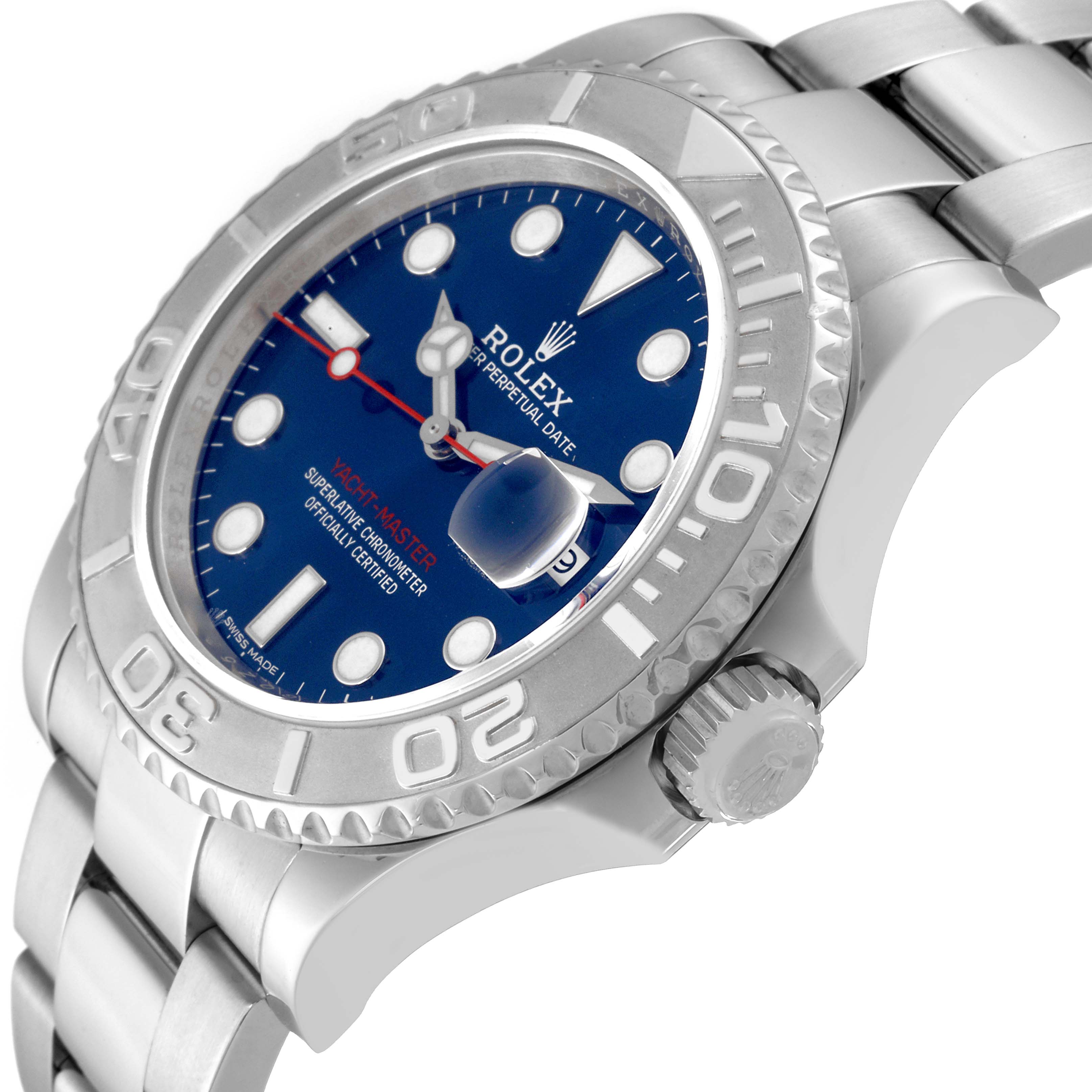 The Rolex Yacht-Master 116622 Men's Stainless Steel Blue Dial 116622 Men's Stainless Steel Blue Dial watch is shown at an angle highlighting the bezel, crown, and bracelet.