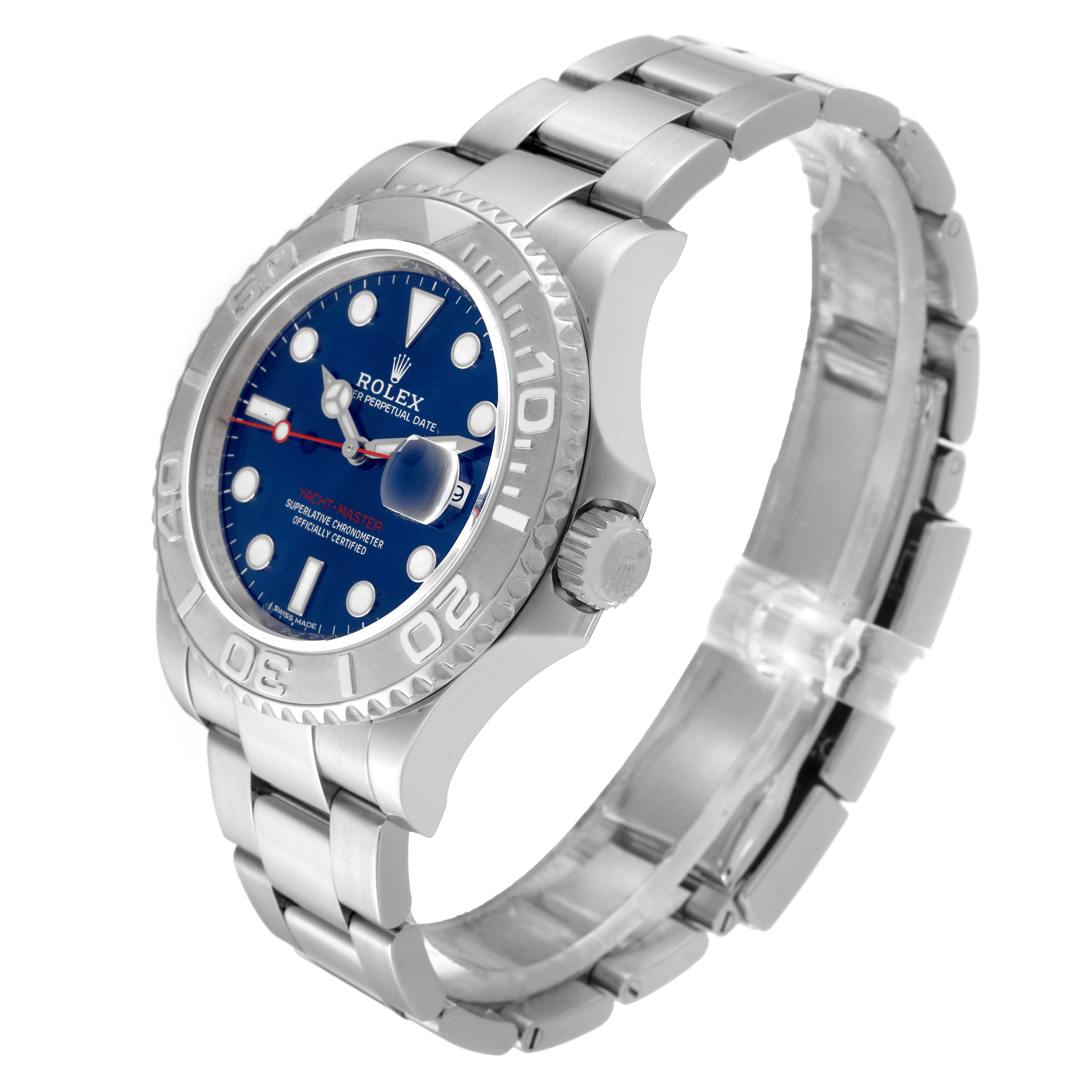 The Rolex Yacht-Master 116622 Men's Stainless Steel Blue Dial 116622 Men's Stainless Steel Blue Dial watch is shown at a three-quarter angle, highlighting the blue dial, bezel, and metal bracelet.