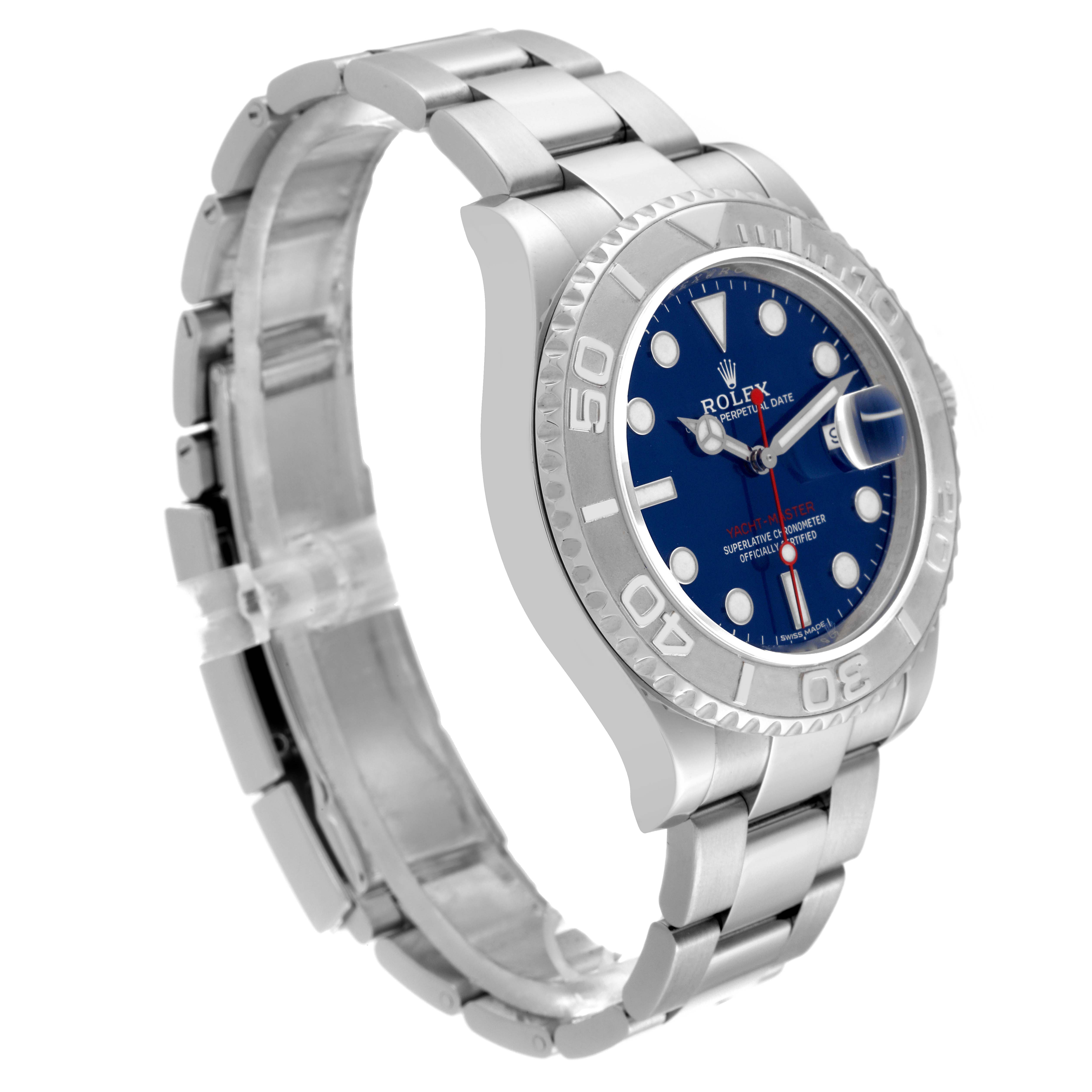 The Rolex Yacht-Master 116622 Men's Stainless Steel Blue Dial 116622 Men's Stainless Steel Blue Dial is shown at a slight angle, highlighting the bezel, bracelet, and blue dial.