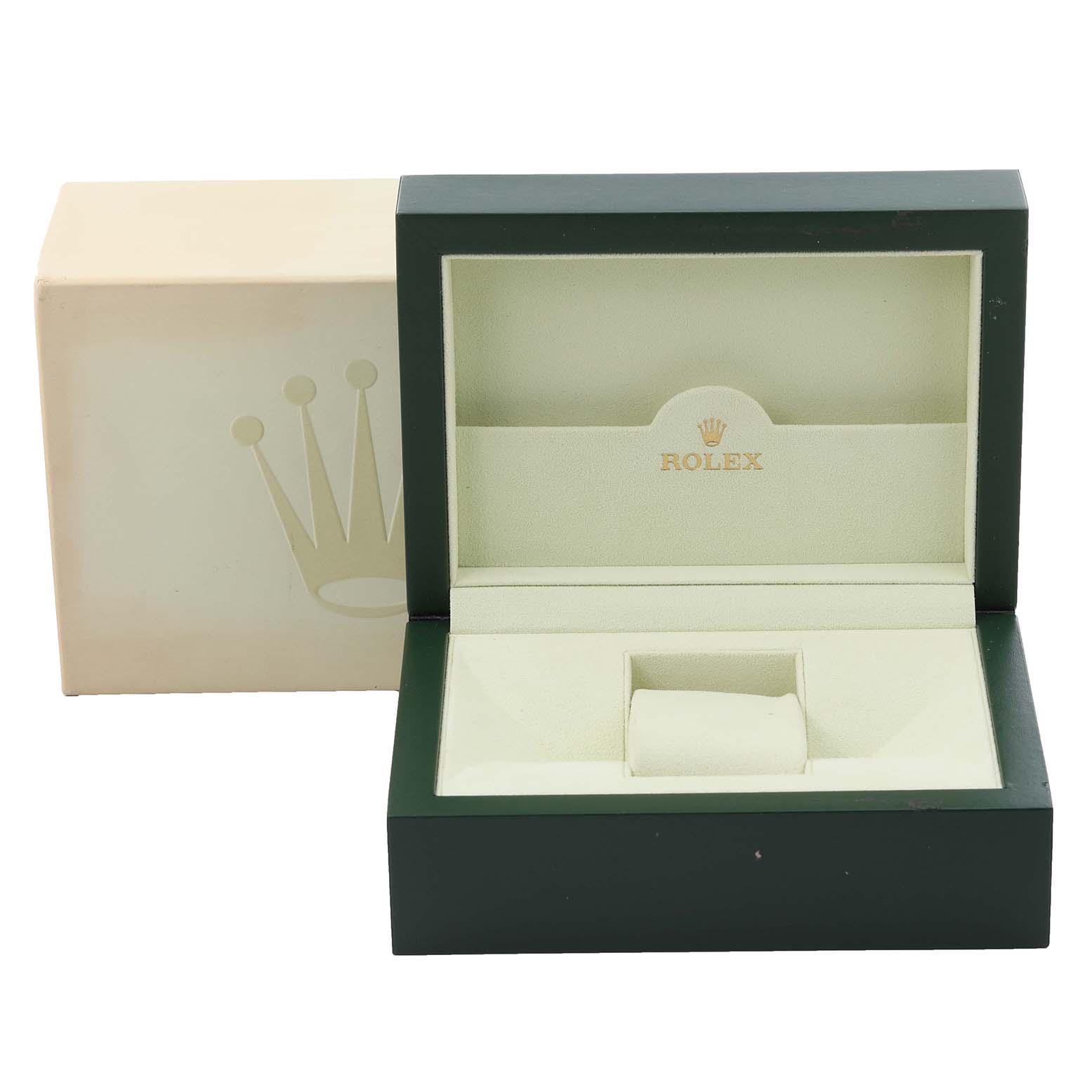 The image shows an open Rolex Yacht-Master 116622 Men's Stainless Steel Blue Dial 116622 Men's Stainless Steel Blue Dial watch box from a front angle, including the inner cushion and outer packaging.