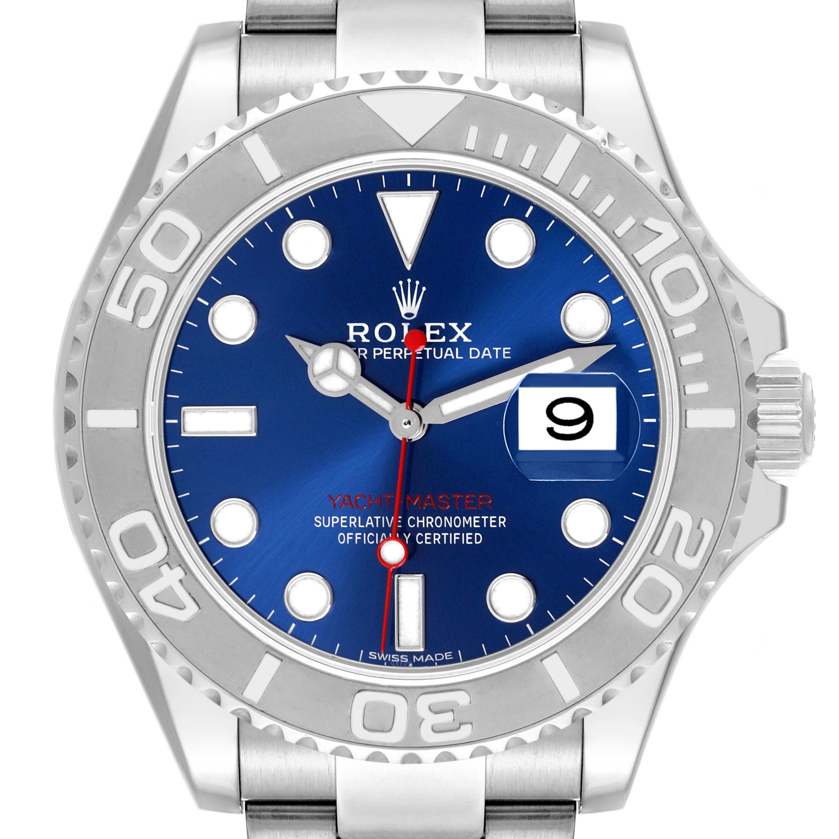 The image shows a front view of the Rolex Yacht-Master 116622 Men's Stainless Steel Blue Dial 116622 Men's Stainless Steel Blue Dial watch, focusing on its blue dial and bezel.