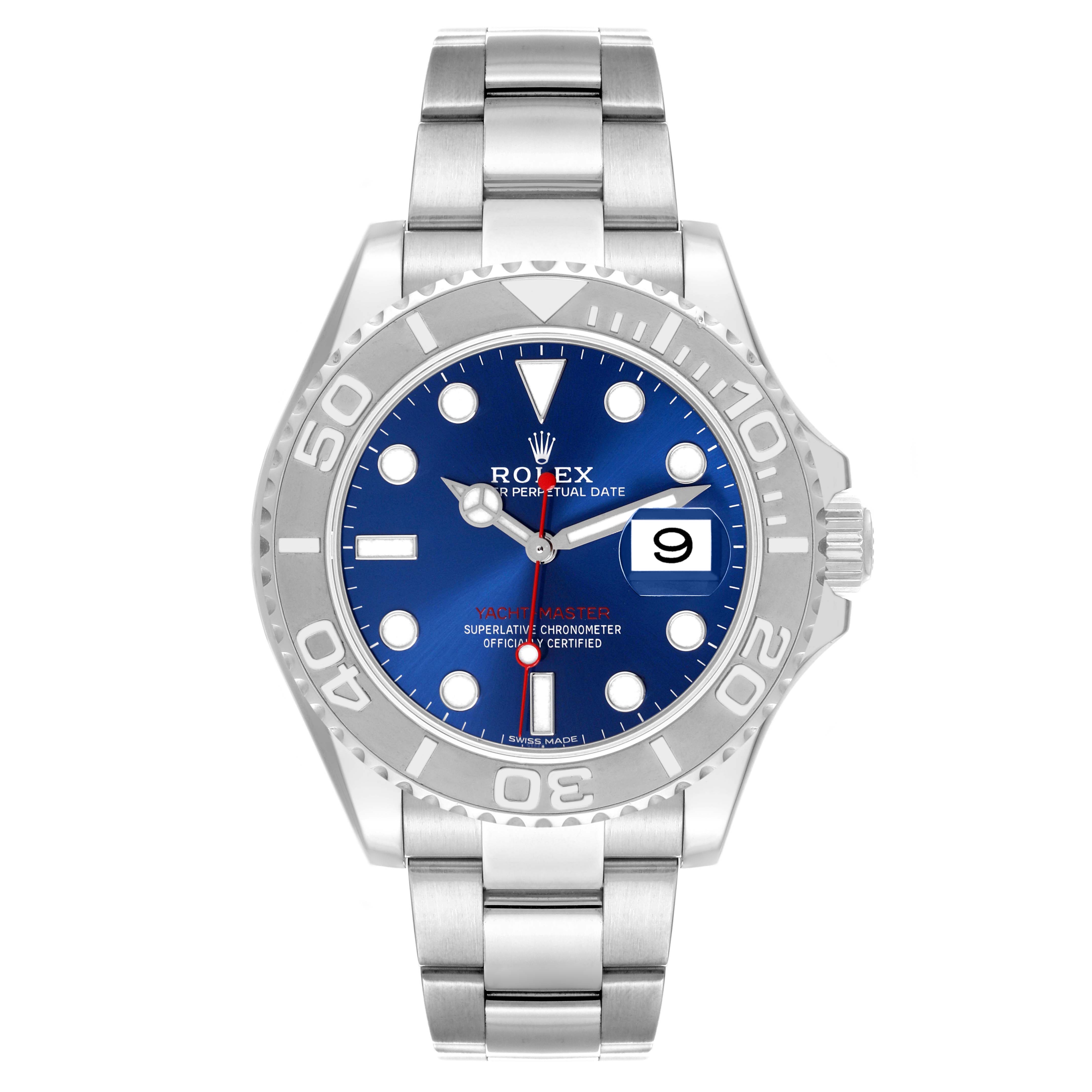 The Rolex Yacht-Master 116622 Men's Stainless Steel Blue Dial 116622 Men's Stainless Steel Blue Dial watch is shown from the front, displaying the dial, bezel, case, and bracelet.