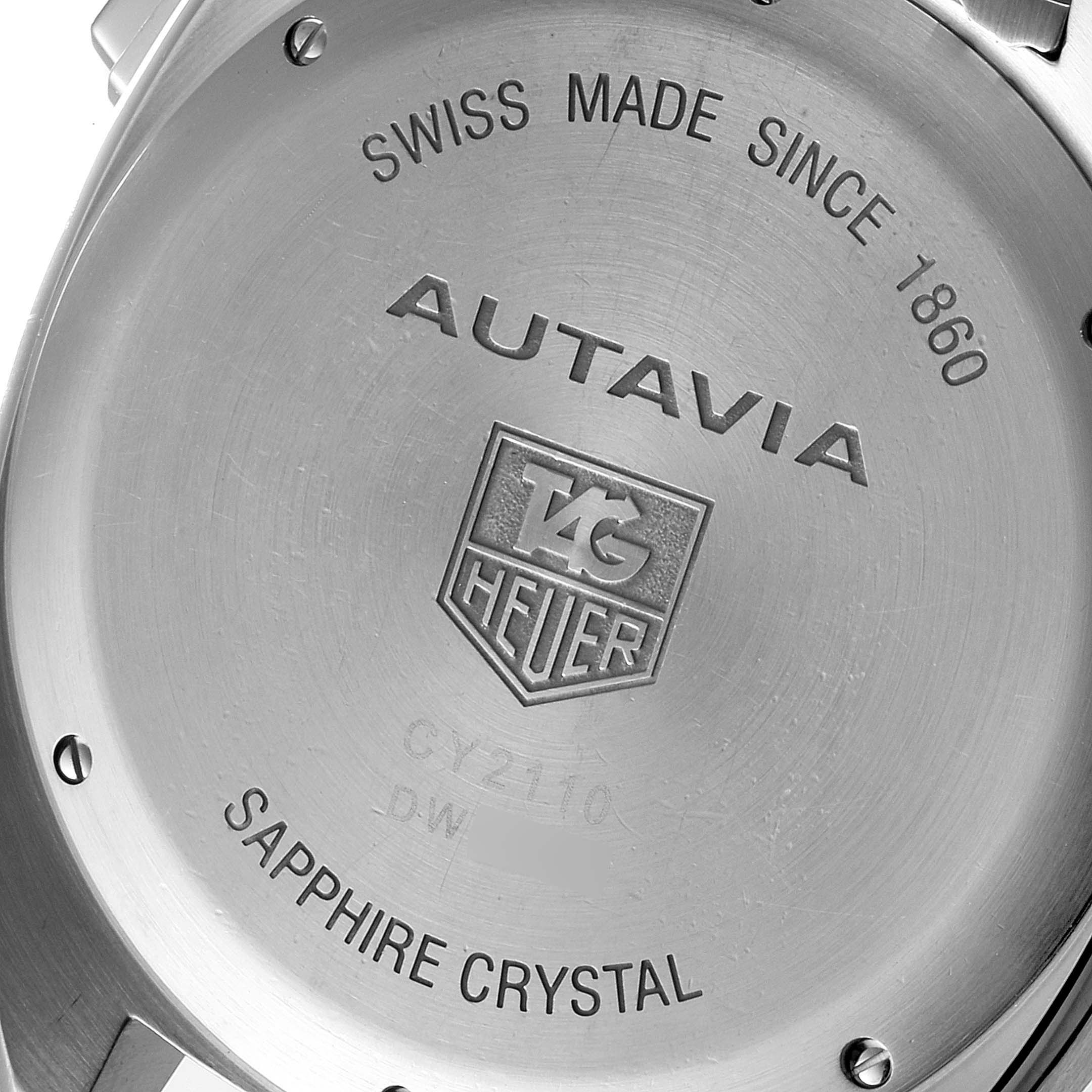 The image shows the back case of an Autavia watch by Tag Heuer with inscriptions and branding.