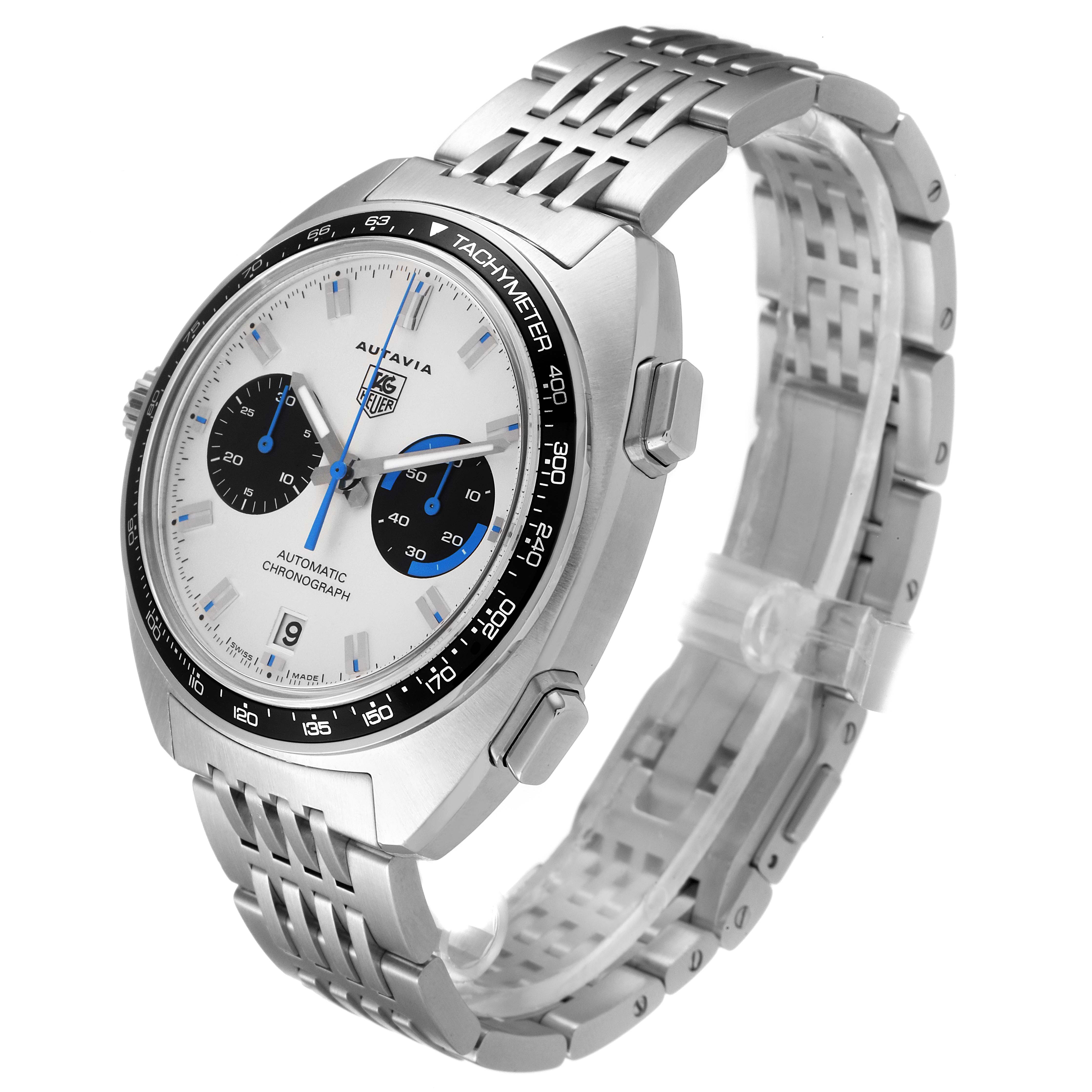 The Tag Heuer Autavia CY2110 Men's Stainless Steel White Dial CY2110 Men's Stainless Steel White Dial watch is displayed at a three-quarter angle, showcasing the face, bezel, and stainless steel bracelet.