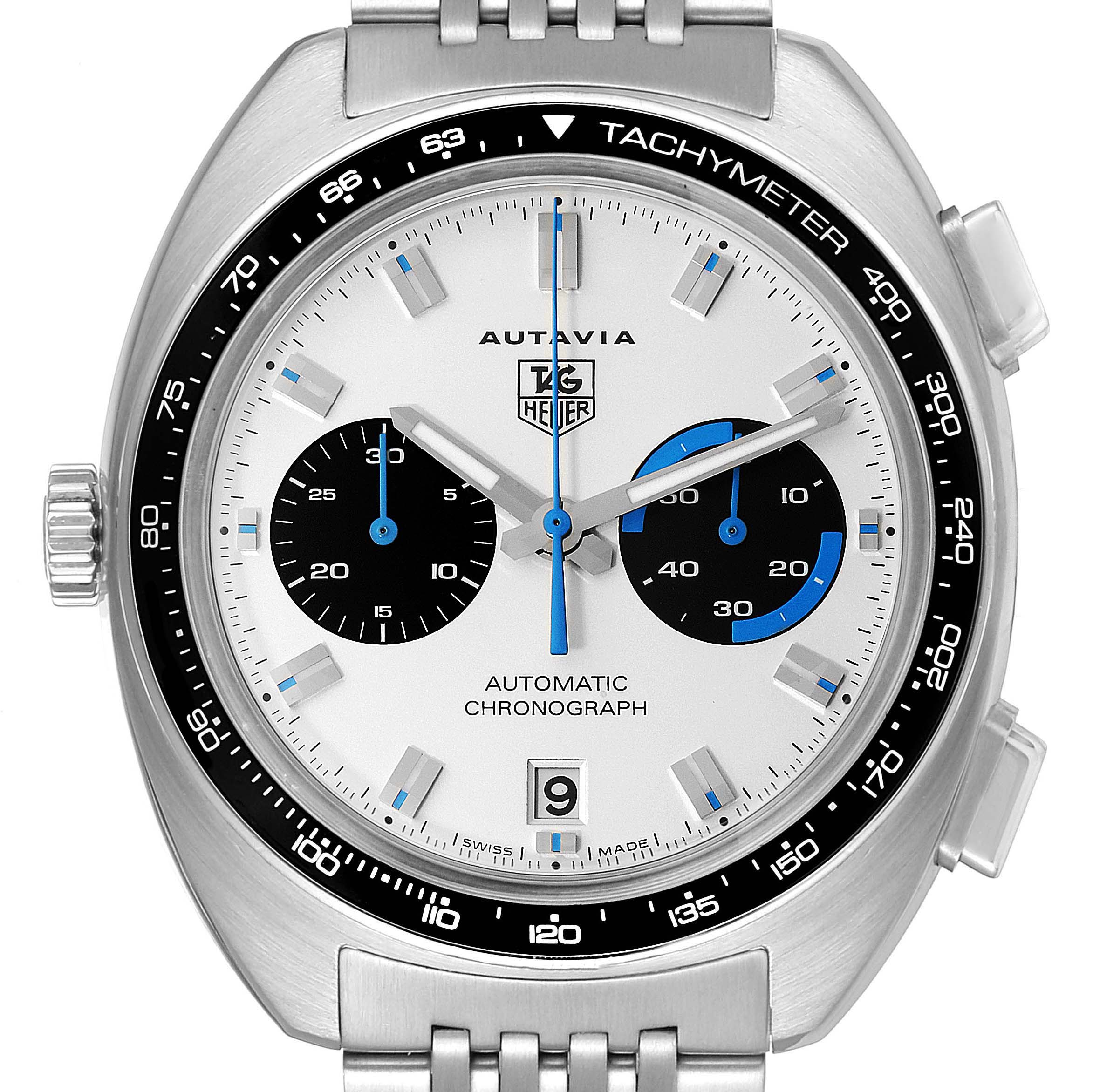 This image shows a front view of the Tag Heuer Autavia CY2110 Men's Stainless Steel White Dial CY2110 Men's Stainless Steel White Dial model watch displaying its dial, subdials, tachymeter bezel, and bracelet.