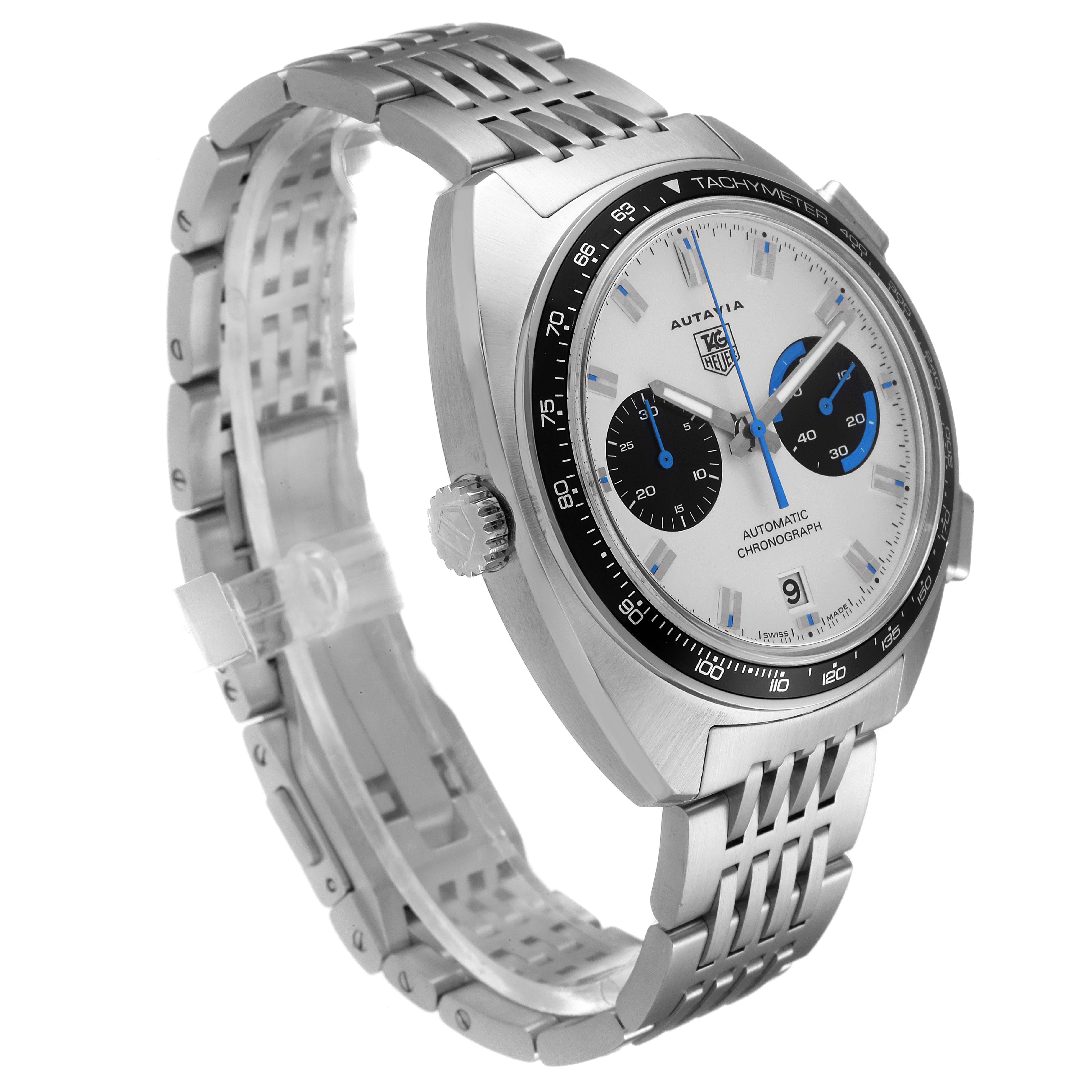 The image shows a side-angle view of a Tag Heuer Autavia CY2110 Men's Stainless Steel White Dial CY2110 Men's Stainless Steel White Dial watch, highlighting the face, bezel, crown, and metal bracelet.