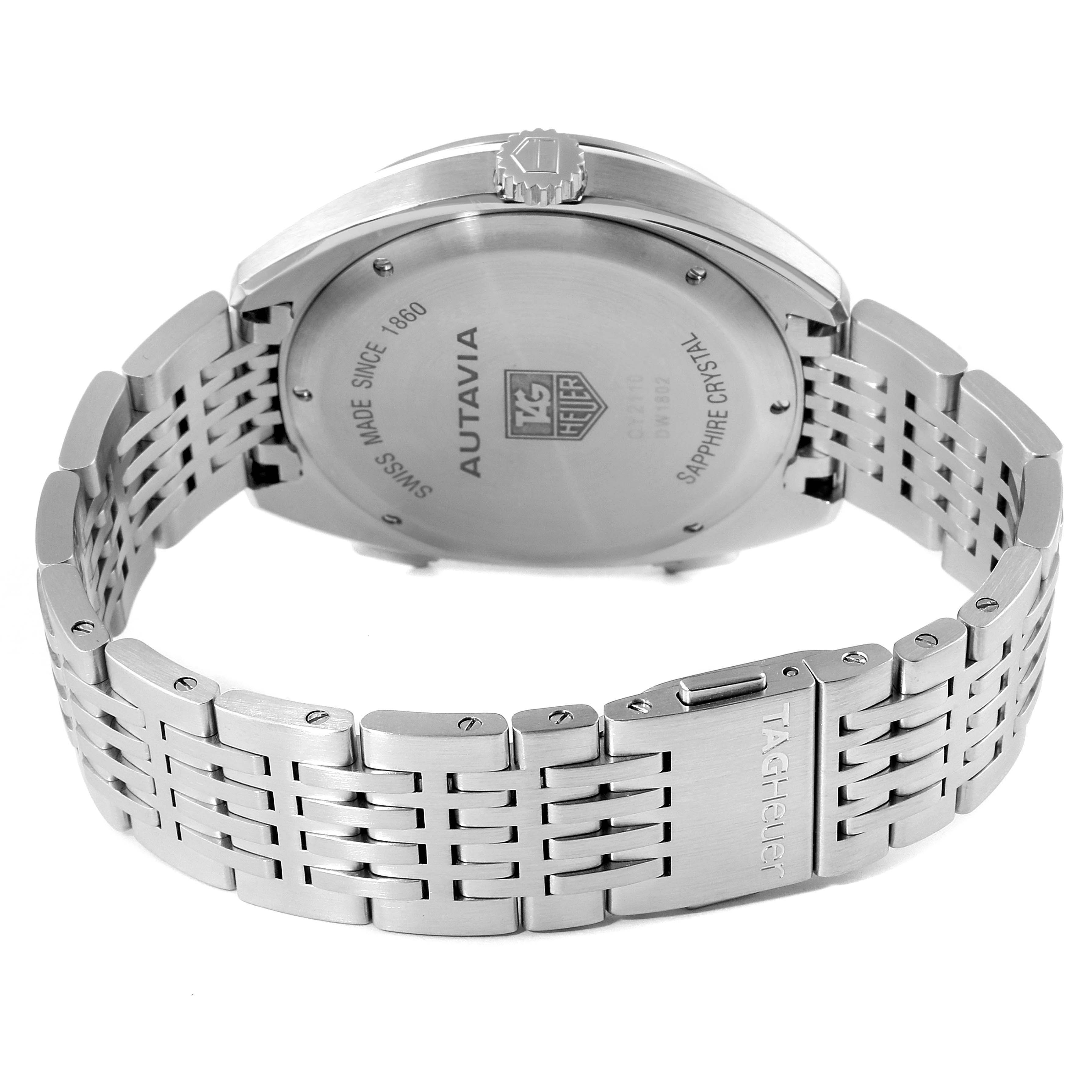 The image shows the back of the Tag Heuer Autavia CY2110 Men's Stainless Steel White Dial CY2110 Men's Stainless Steel White Dial watch, displaying its case back and stainless steel bracelet.