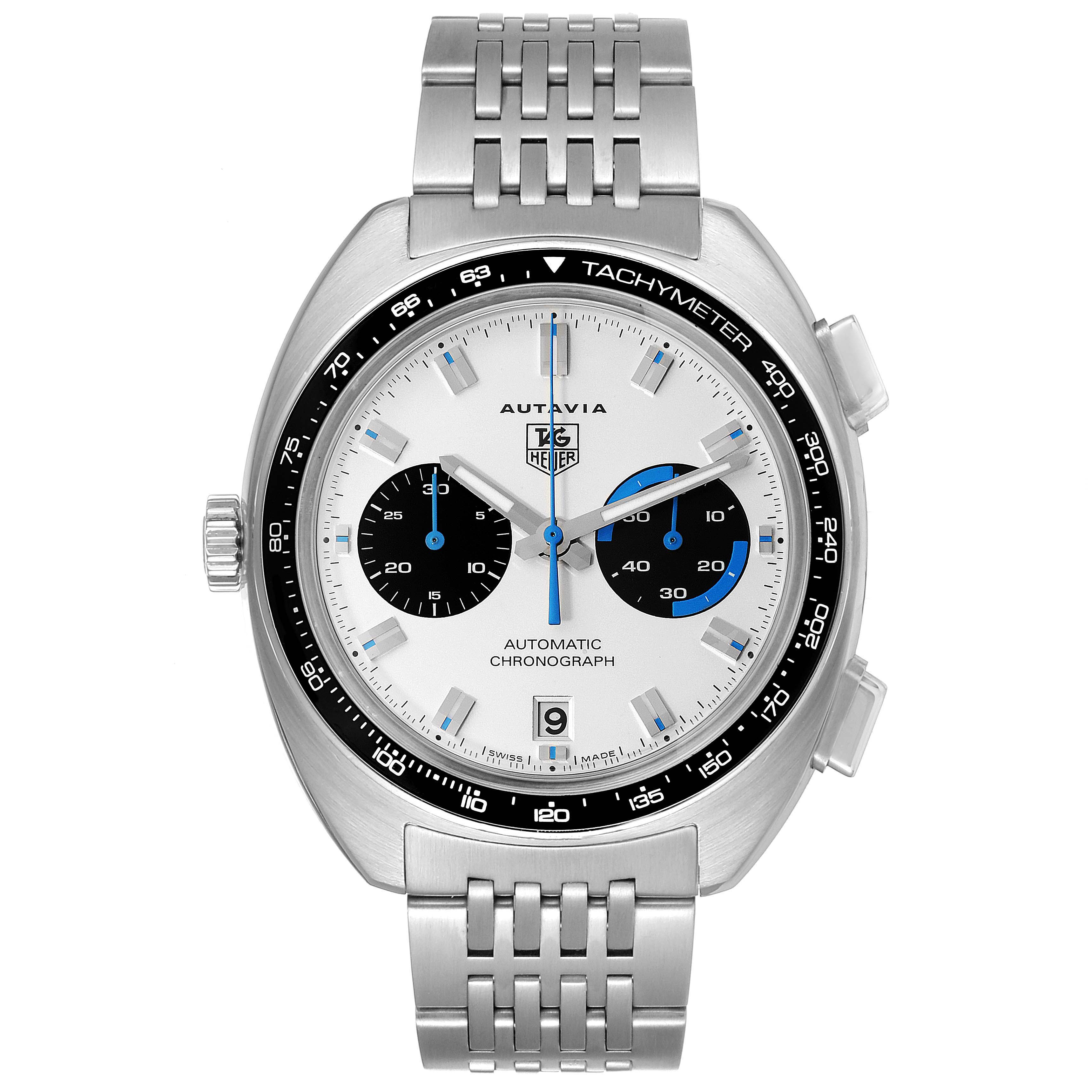 The image shows a front view of a Tag Heuer Autavia CY2110 Men's Stainless Steel White Dial CY2110 Men's Stainless Steel White Dial watch, displaying the dial, bezel, and bracelet.