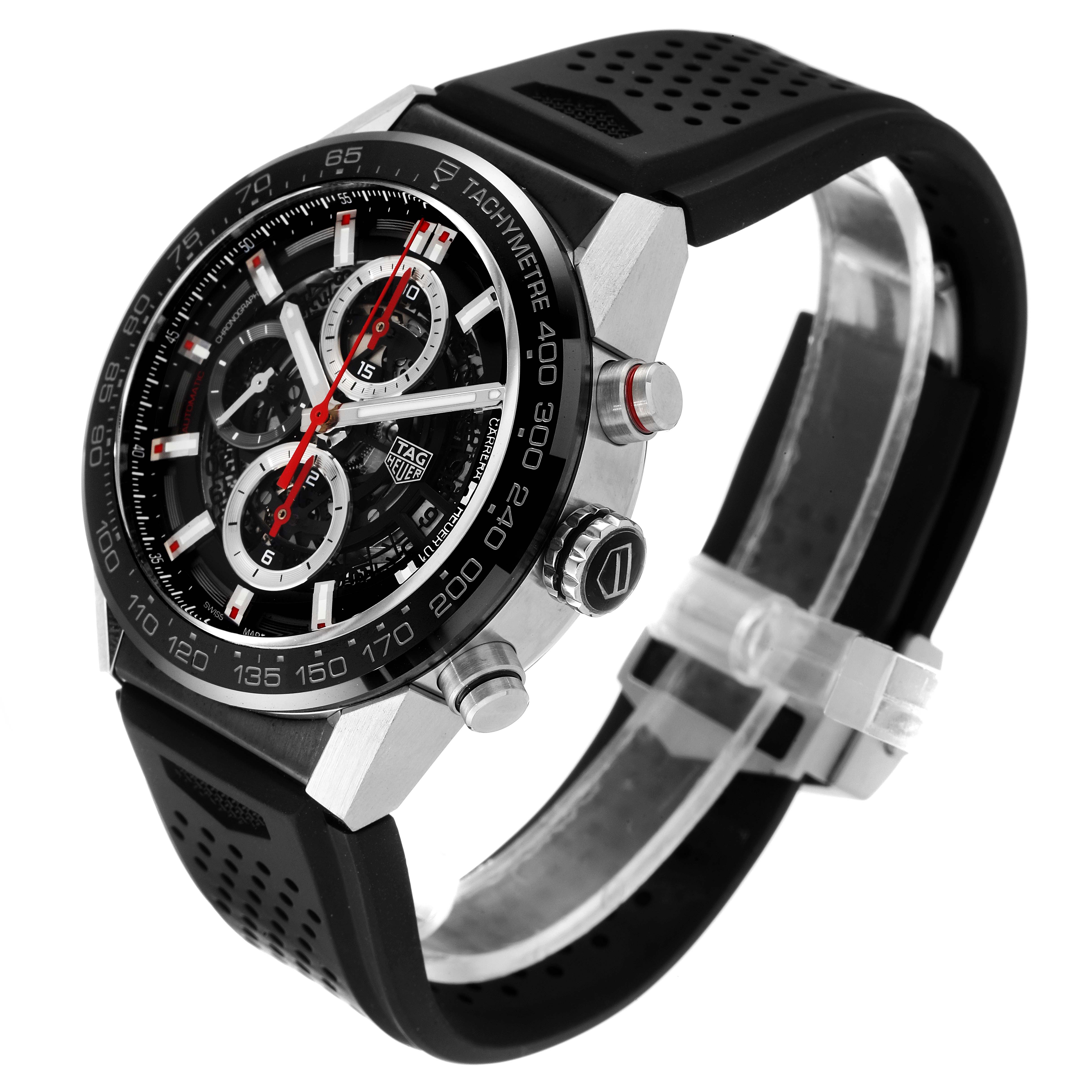 The image shows a Tag Heuer Carrera CAR201V.BA0714 Men
s Stainless Steel Black Dial CAR201V.BA0714 Men
s Stainless Steel Black Dial model watch from an angled side view, highlighting the dial, bezel, pushers, and strap.