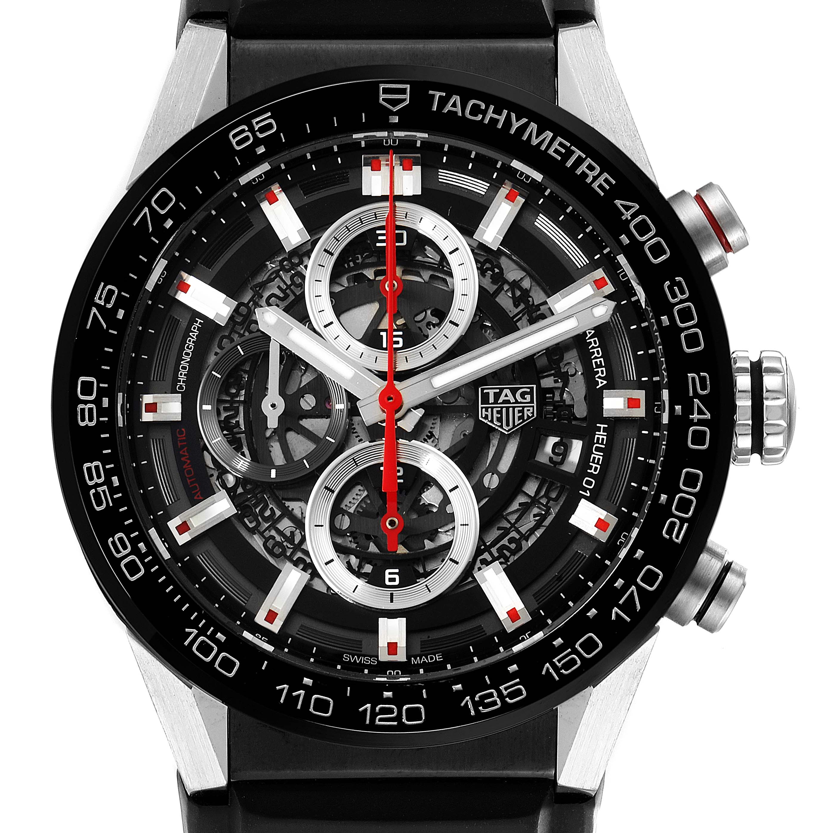 This image shows a close-up, front angle of a Tag Heuer Carrera CAR201V.BA0714 Men
s Stainless Steel Black Dial CAR201V.BA0714 Men
s Stainless Steel Black Dial watch, highlighting the face, dials, and bezel.