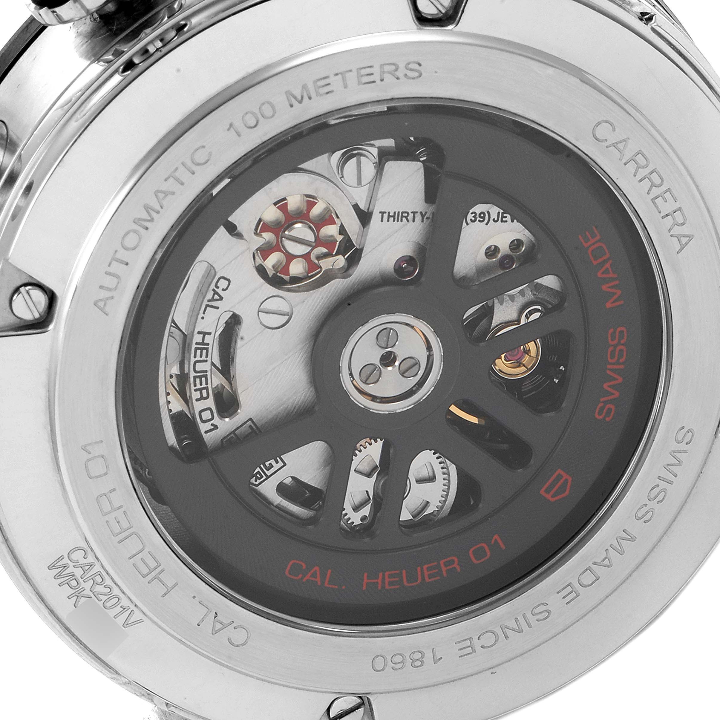 The image shows the back view of a Tag Heuer Carrera CAR201V.BA0714 Men
s Stainless Steel Black Dial CAR201V.BA0714 Men
s Stainless Steel Black Dial watch, highlighting the automatic movement and mechanical components.