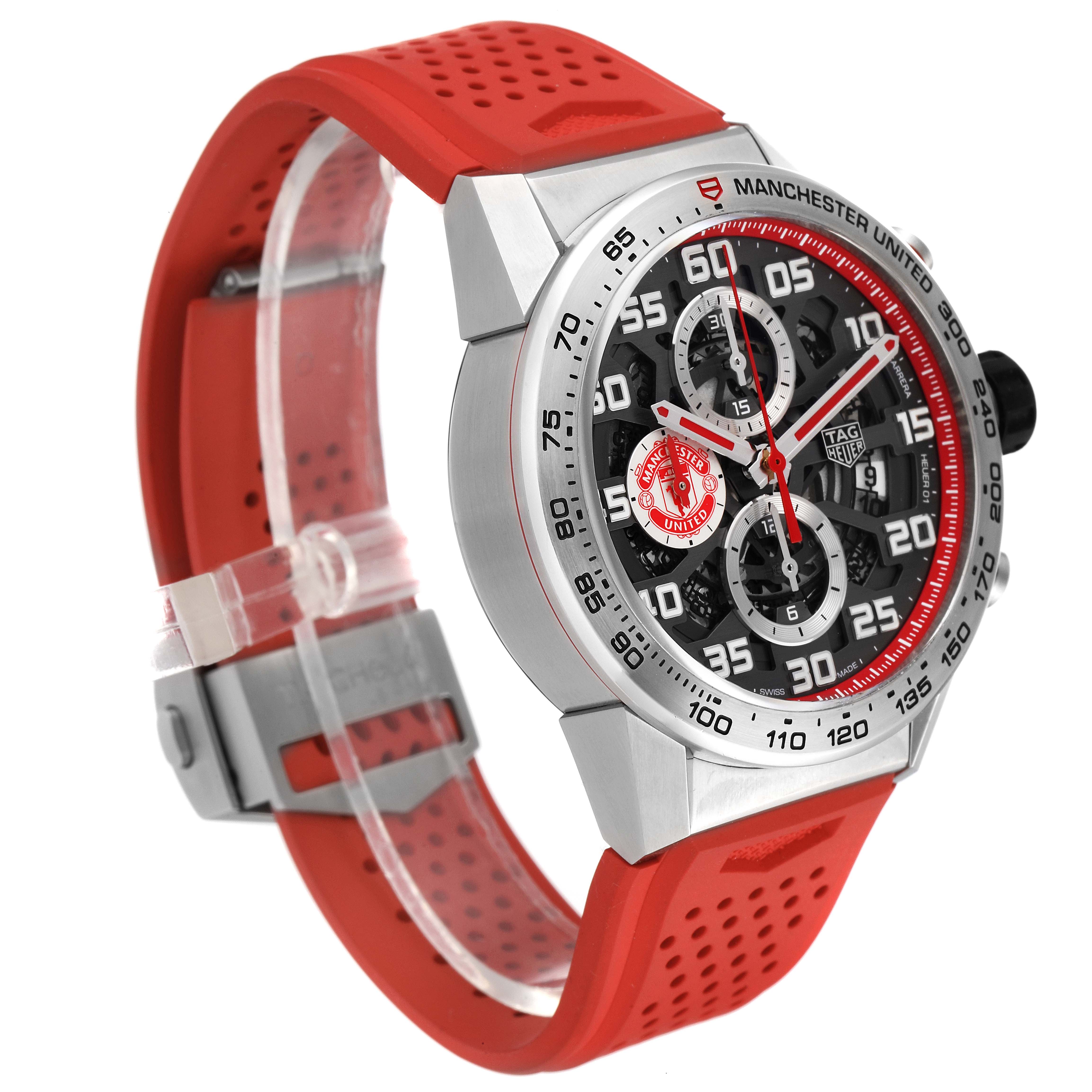The Tag Heuer Carrera CAR201M.FT6156 Men's Stainless Steel Silver Dial CAR201M.FT6156 Men's Stainless Steel Silver Dial watch is shown at a three-quarter angle, displaying the dial, case, and red rubber strap.