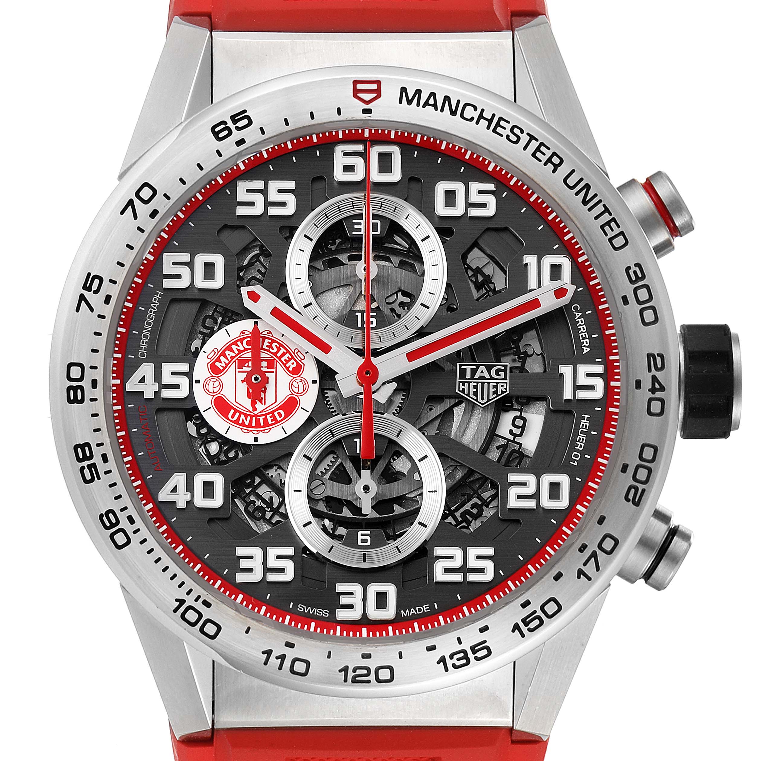 The image shows a front view of the Tag Heuer Carrera CAR201M.FT6156 Men's Stainless Steel Silver Dial CAR201M.FT6156 Men's Stainless Steel Silver Dial watch with a visible chronograph dial and red accents.