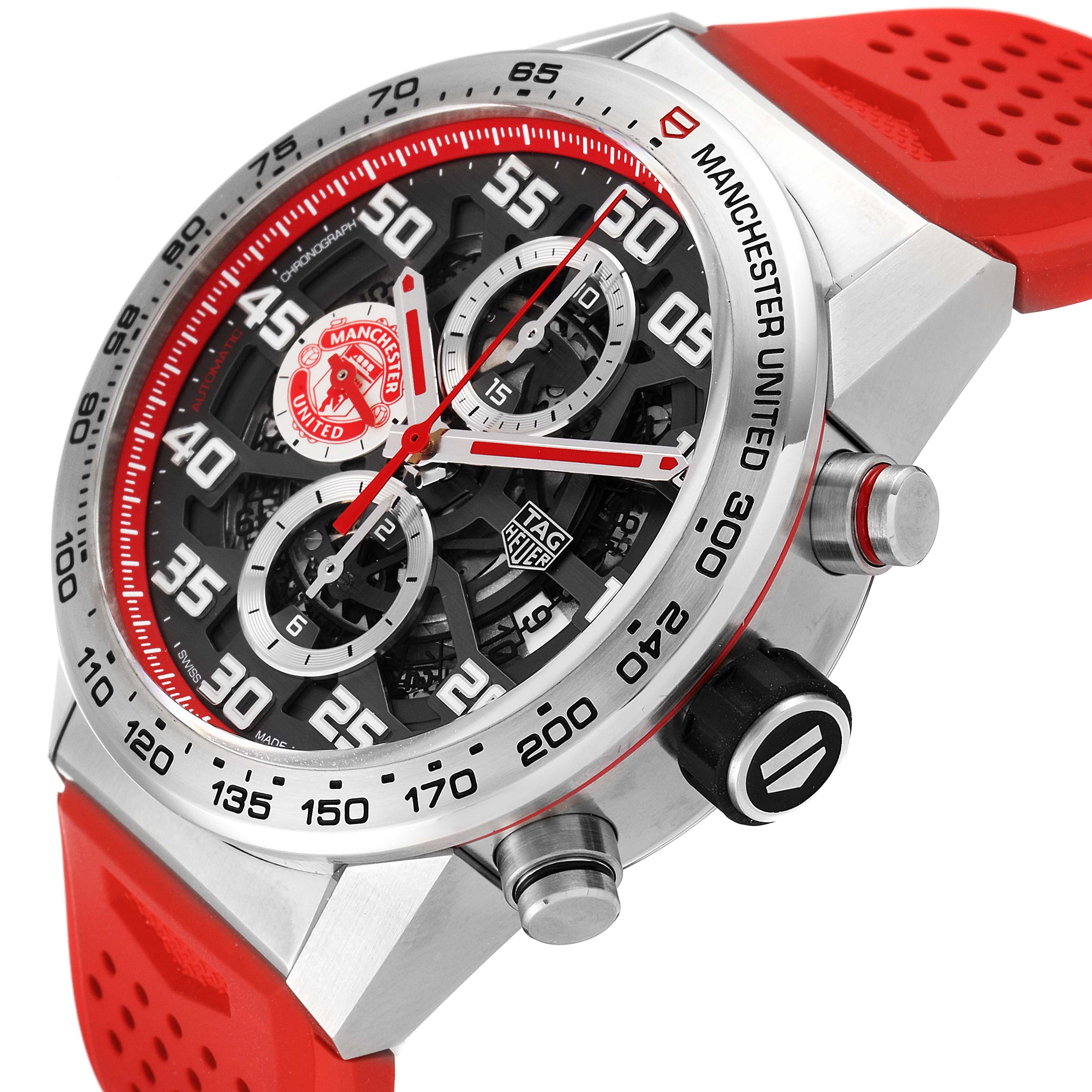 The image shows a side-angle view of a Tag Heuer Carrera CAR201M.FT6156 Men's Stainless Steel Silver Dial CAR201M.FT6156 Men's Stainless Steel Silver Dial Manchester United watch, highlighting its red strap, dial, and crown.