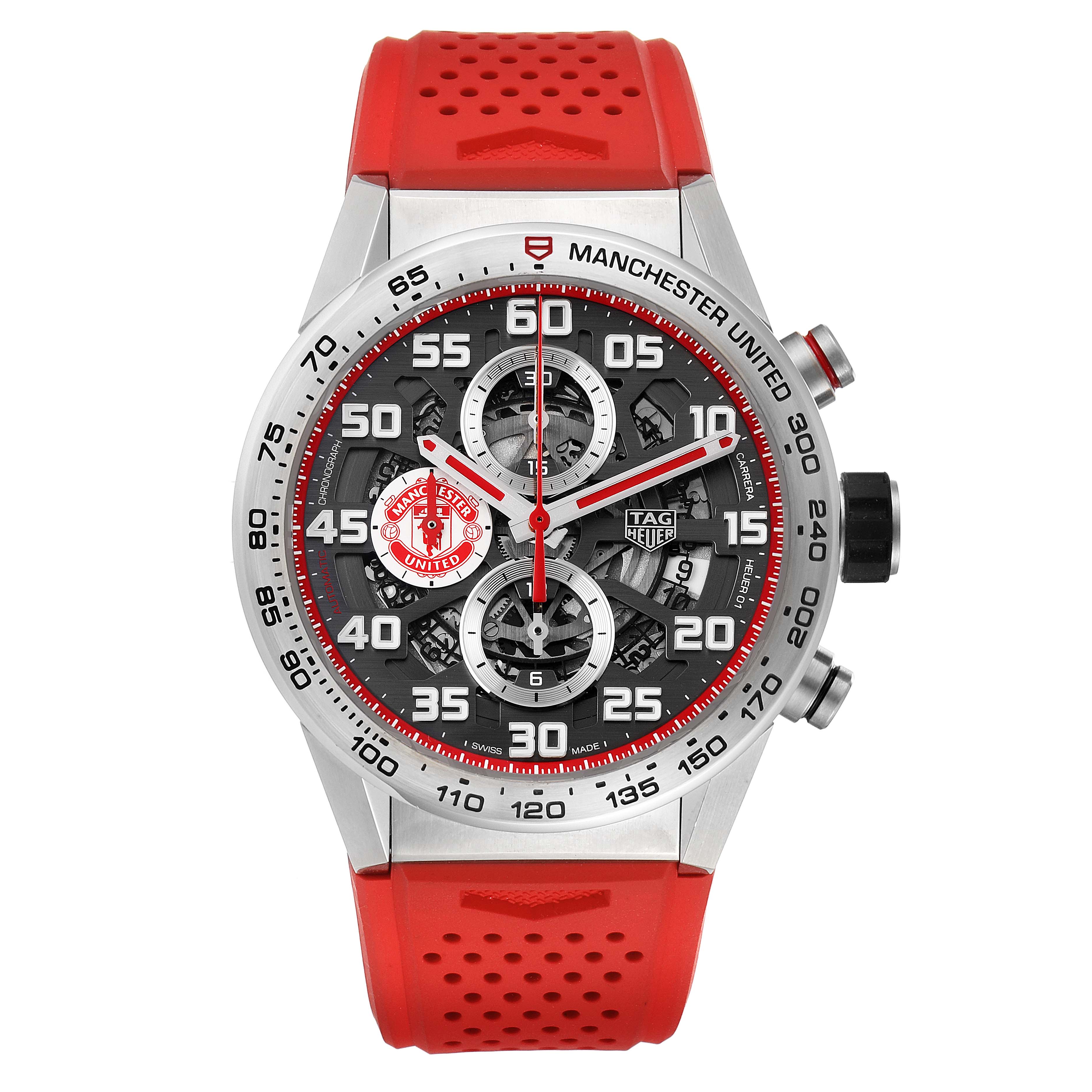 The Tag Heuer Carrera CAR201M.FT6156 Men's Stainless Steel Silver Dial CAR201M.FT6156 Men's Stainless Steel Silver Dial watch is shown from a front angle, showcasing its face, bezel, and red strap.