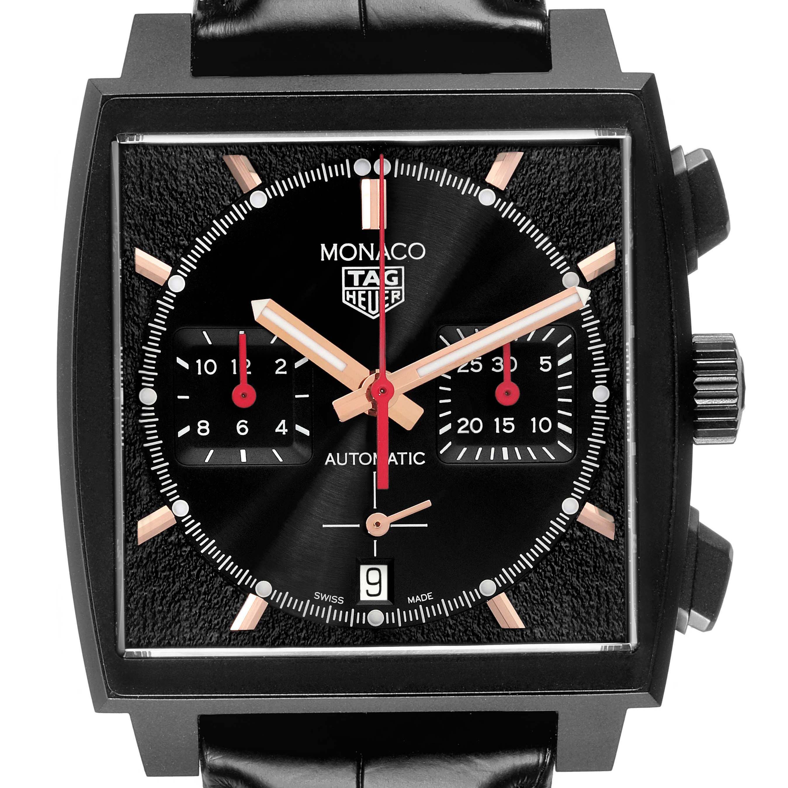 The image shows a front view of the Tag Heuer Monaco CBL2180.FC6497 Men's Ceramic Black Dial CBL2180.FC6497 Men's Ceramic Black Dial watch, displaying its square face, subdials, and crown on the side.