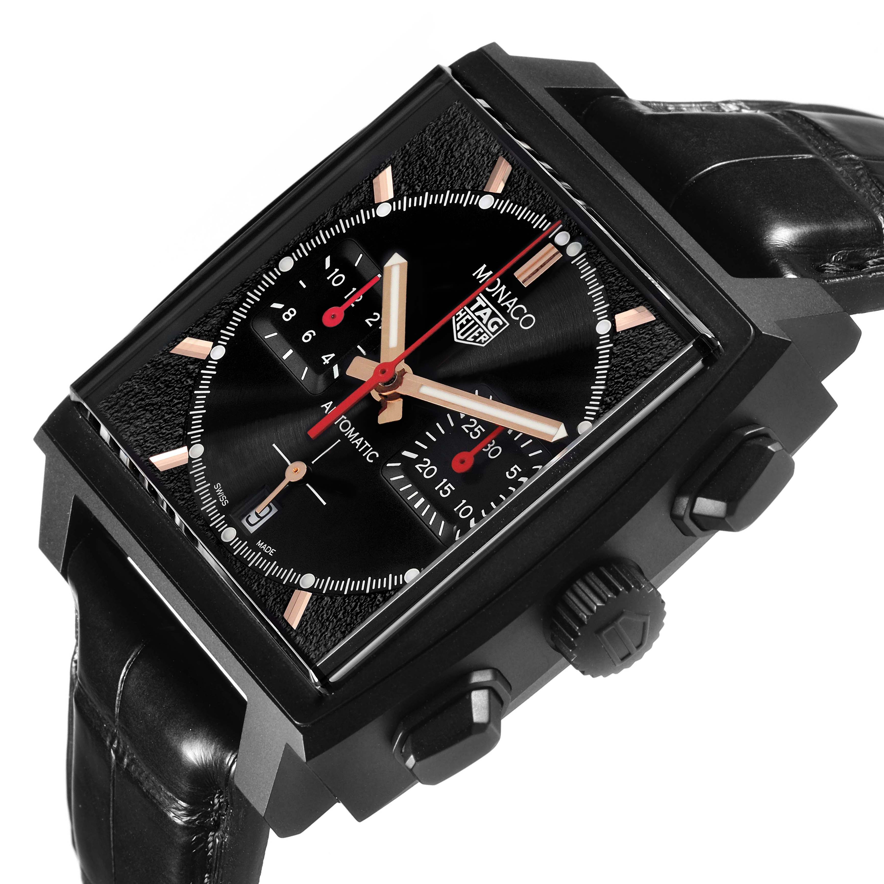 The Tag Heuer Monaco CBL2180.FC6497 Men's Ceramic Black Dial CBL2180.FC6497 Men's Ceramic Black Dial watch is shown at an angle highlighting the face, side buttons, and black leather strap.