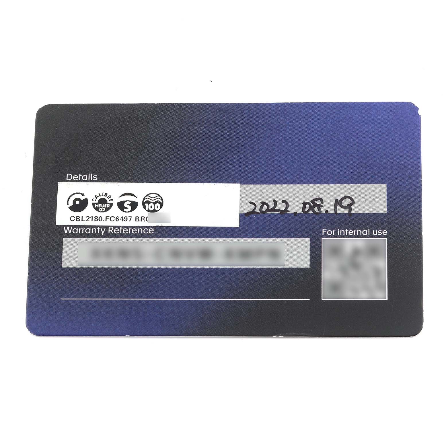 The image shows a warranty card for a Tag Heuer Monaco CBL2180.FC6497 Men's Ceramic Black Dial CBL2180.FC6497 Men's Ceramic Black Dial watch with model details and purchase date.