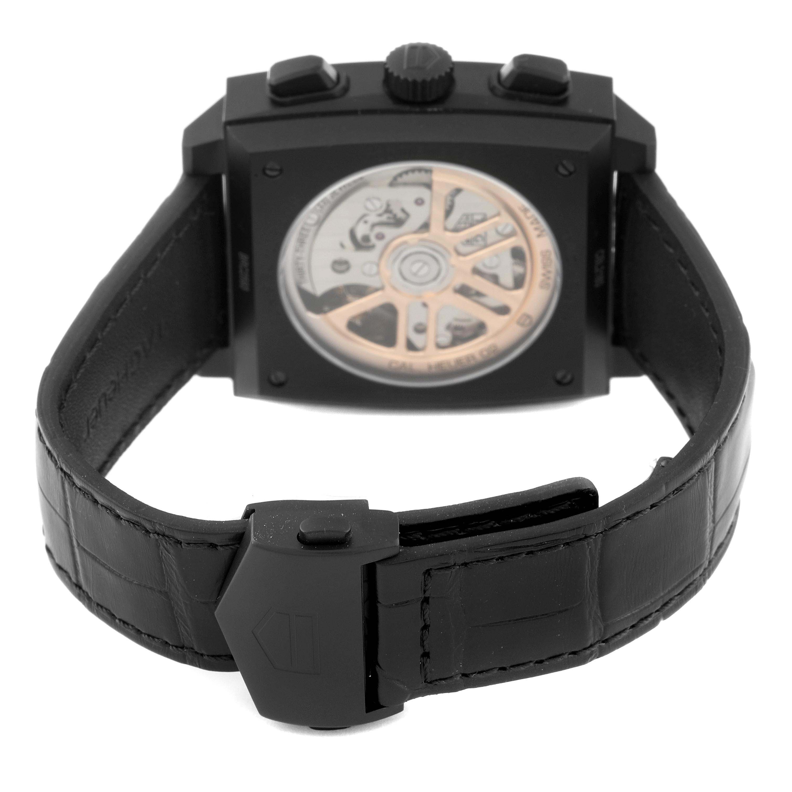 The image shows the back and side view of the Tag Heuer Monaco CBL2180.FC6497 Men's Ceramic Black Dial CBL2180.FC6497 Men's Ceramic Black Dial, highlighting the movement and leather strap.