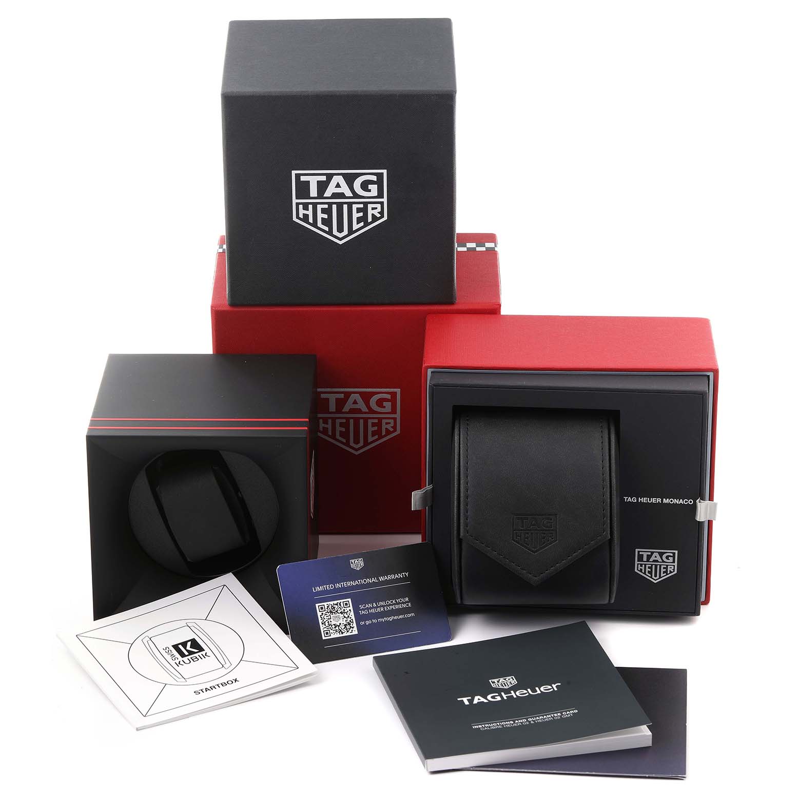 The image shows the Tag Heuer Monaco CBL2180.FC6497 Men's Ceramic Black Dial CBL2180.FC6497 Men's Ceramic Black Dial watch packaging, manual, warranty card, and leather pouch.