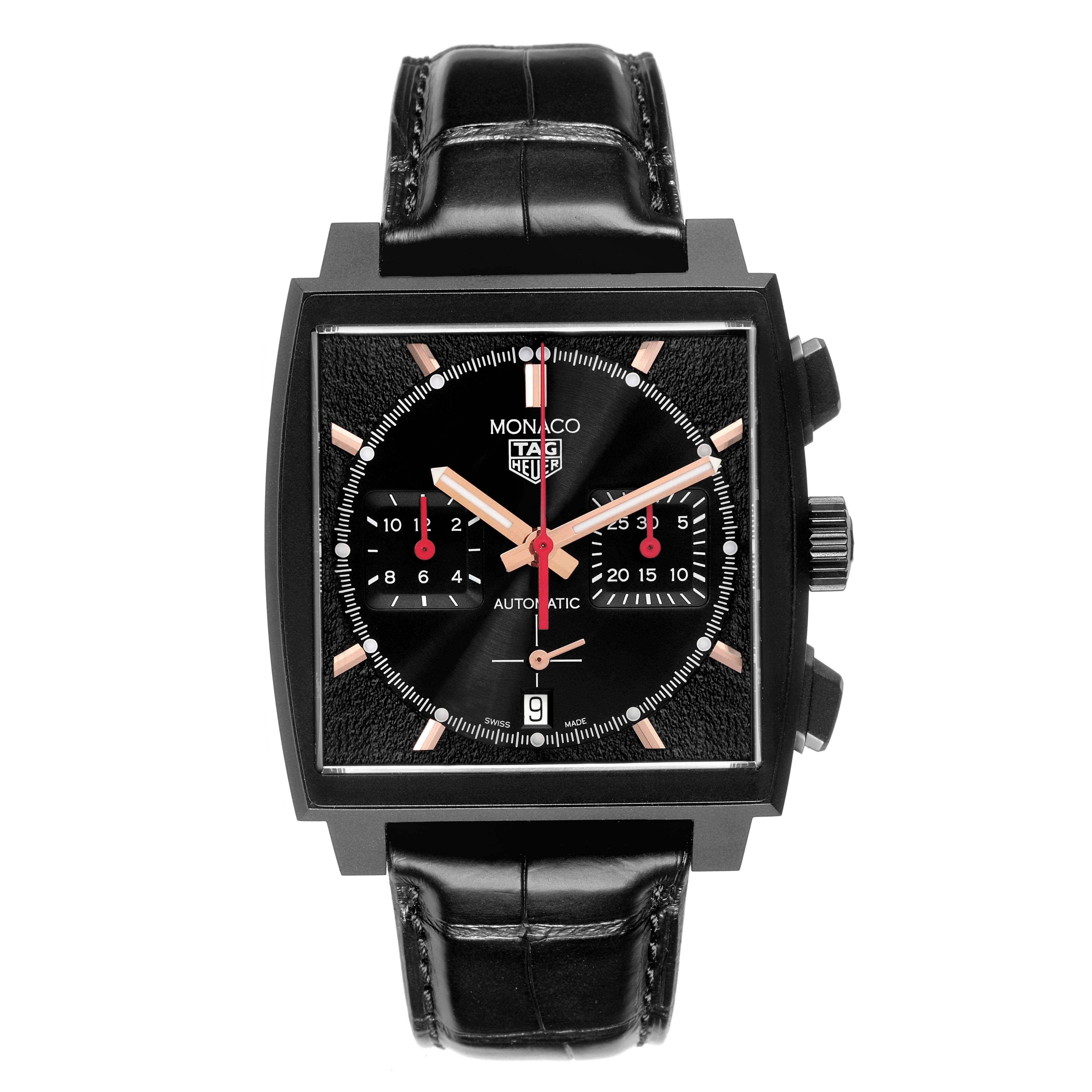 The image shows a front view of the Tag Heuer Monaco CBL2180.FC6497 Men's Ceramic Black Dial CBL2180.FC6497 Men's Ceramic Black Dial watch, highlighting its square black dial and black leather strap.