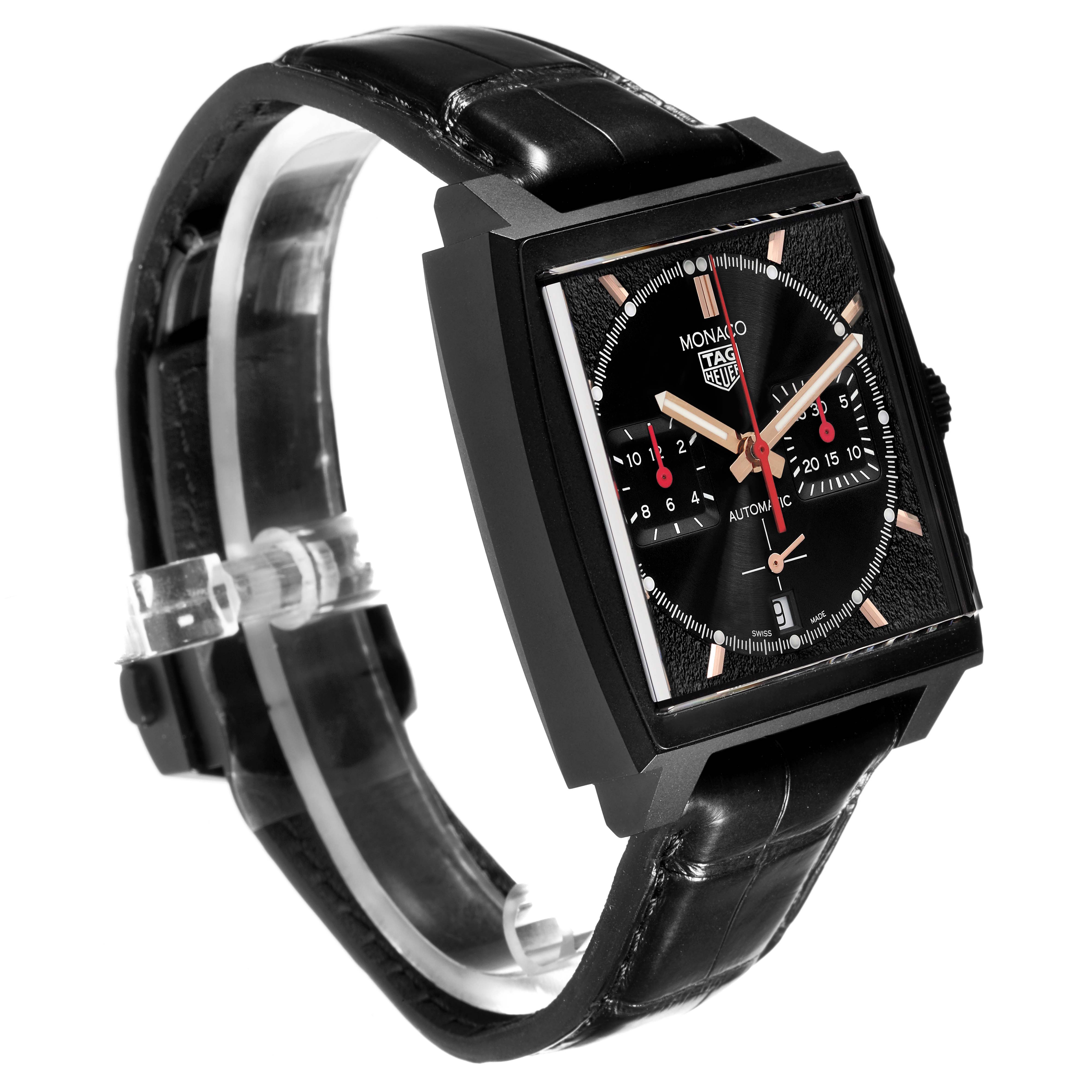 The Tag Heuer Monaco CBL2180.FC6497 Men's Ceramic Black Dial CBL2180.FC6497 Men's Ceramic Black Dial watch is shown at a slight angle, highlighting the face, case, and black strap.