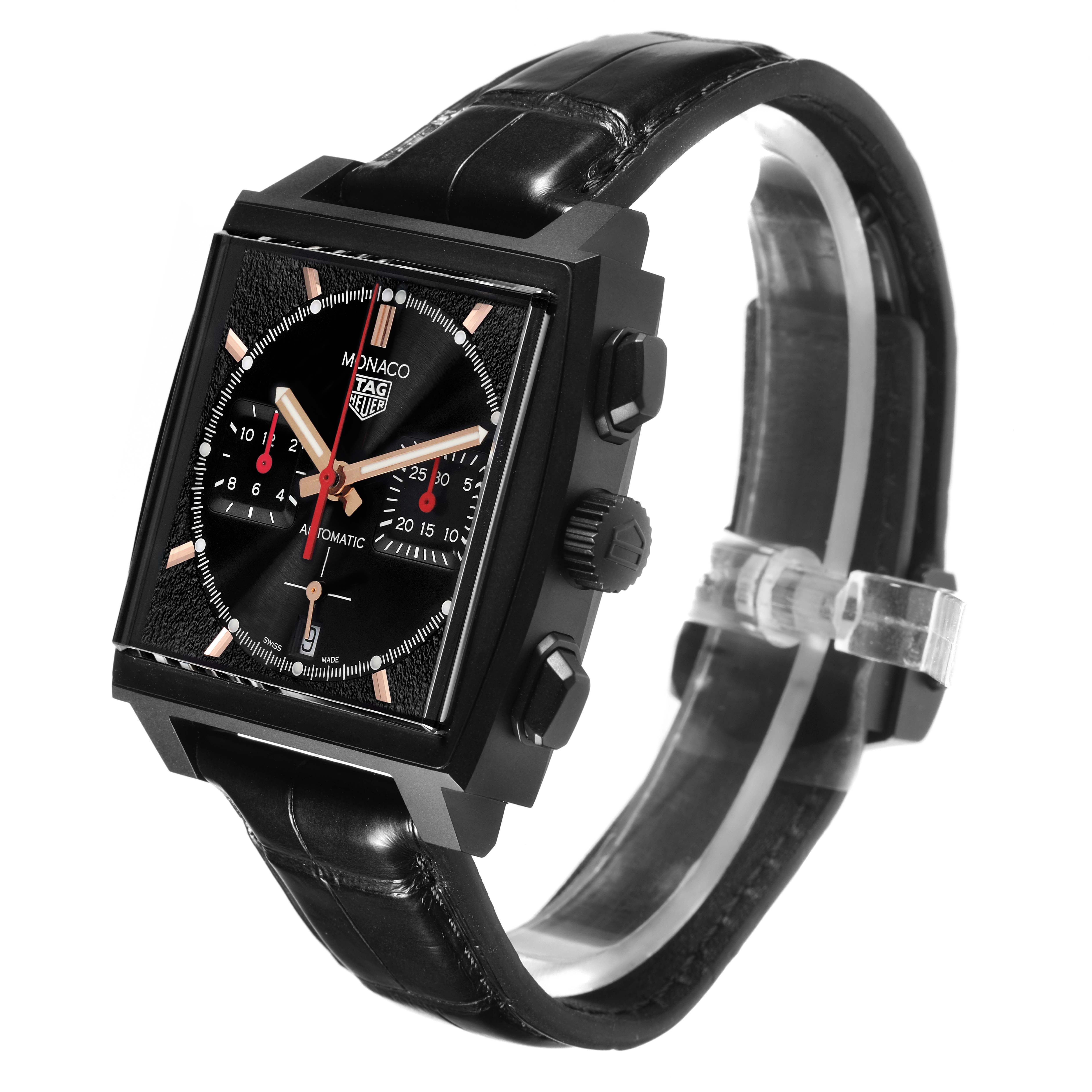 The Tag Heuer Monaco CBL2180.FC6497 Men's Ceramic Black Dial CBL2180.FC6497 Men's Ceramic Black Dial watch is shown at a three-quarter angle, highlighting the face, case, crown, and strap.