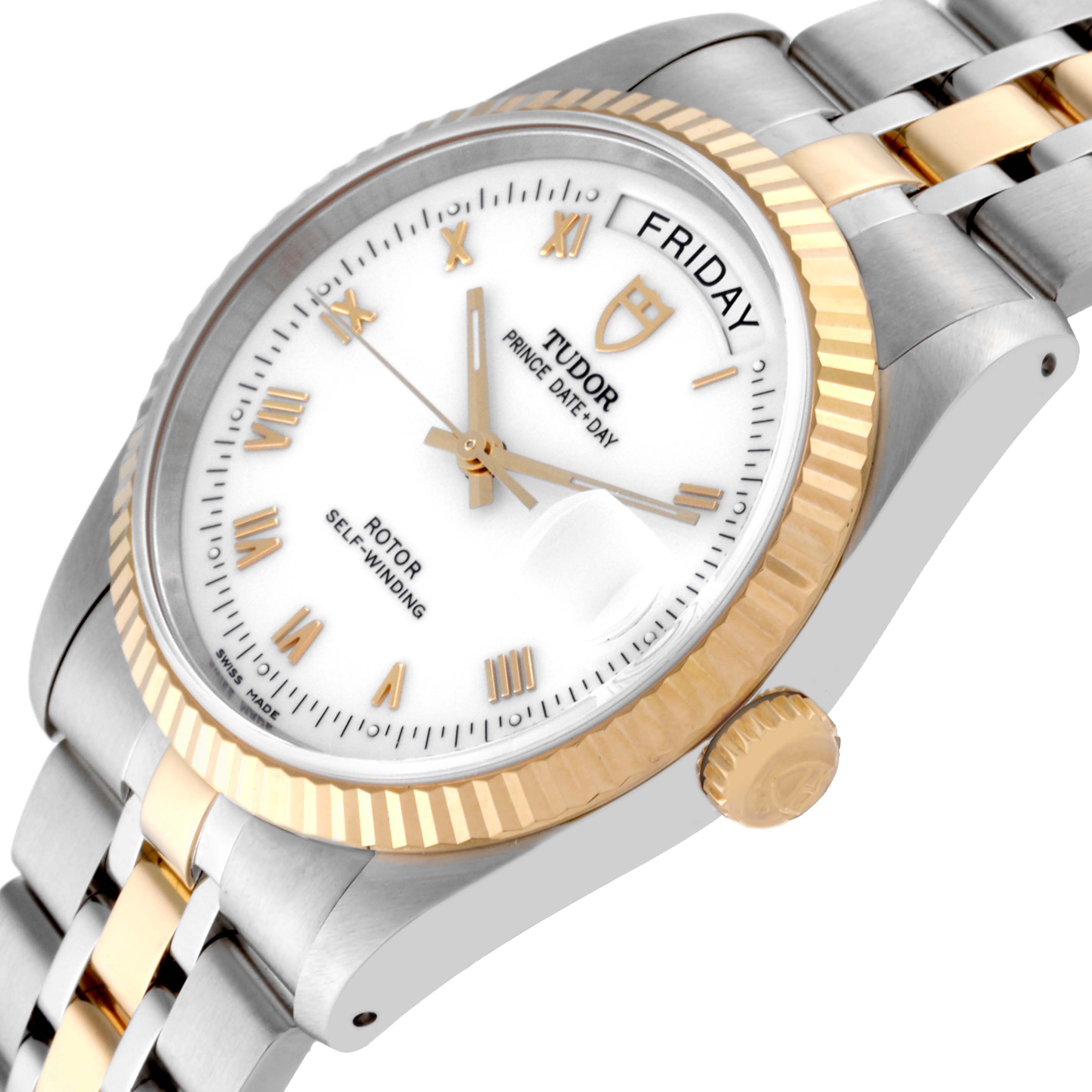 The Tudor Classic 76213 Men's Steel and Gold (two tone) White Dial 76213 Men's Steel and Gold (two tone) White Dial watch is shown at an angle highlighting the face, fluted bezel, and two-tone bracelet.