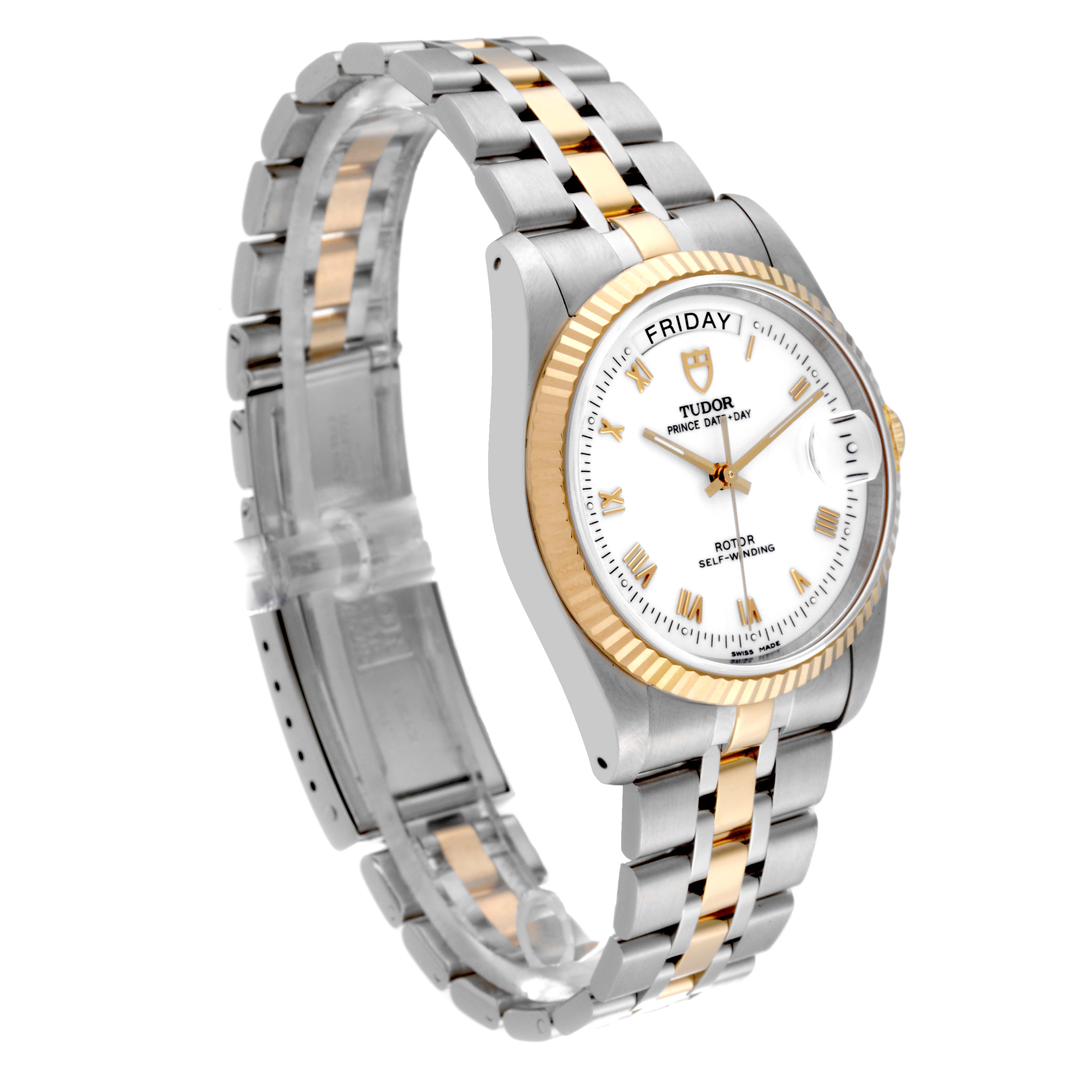 The Tudor Classic 76213 Men's Steel and Gold (two tone) White Dial 76213 Men's Steel and Gold (two tone) White Dial watch is shown at an angled side view, displaying its face and two-tone bracelet.