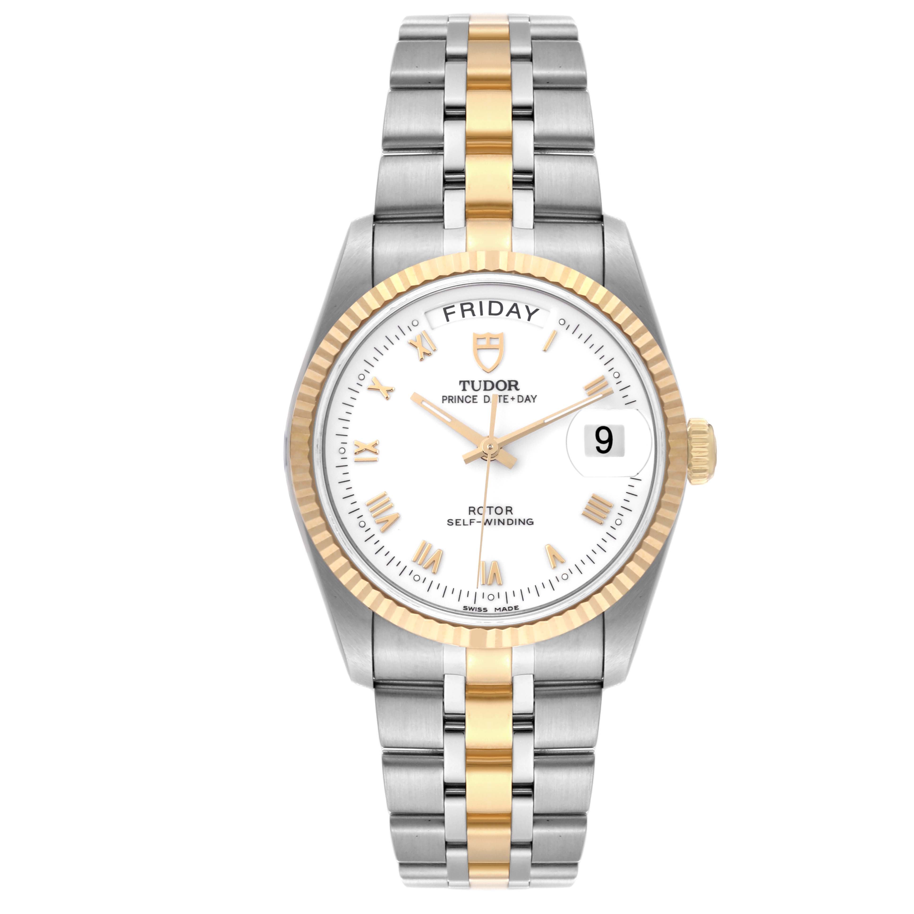 The Tudor Classic 76213 Men's Steel and Gold (two tone) White Dial 76213 Men's Steel and Gold (two tone) White Dial watch is shown from the front, displaying the dial, bezel, and two-tone bracelet.