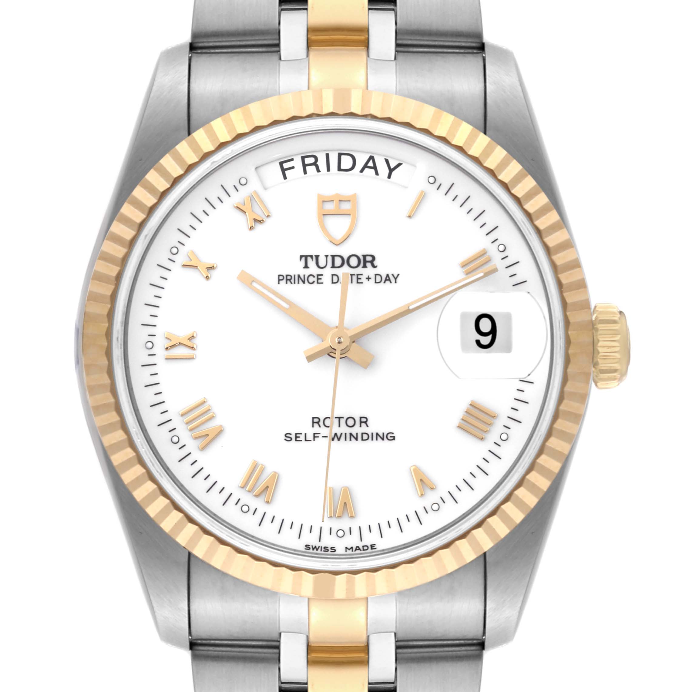 The Tudor Classic 76213 Men's Steel and Gold (two tone) White Dial 76213 Men's Steel and Gold (two tone) White Dial model is shown from a front angle, displaying the dial, hands, date, and part of the bracelet.
