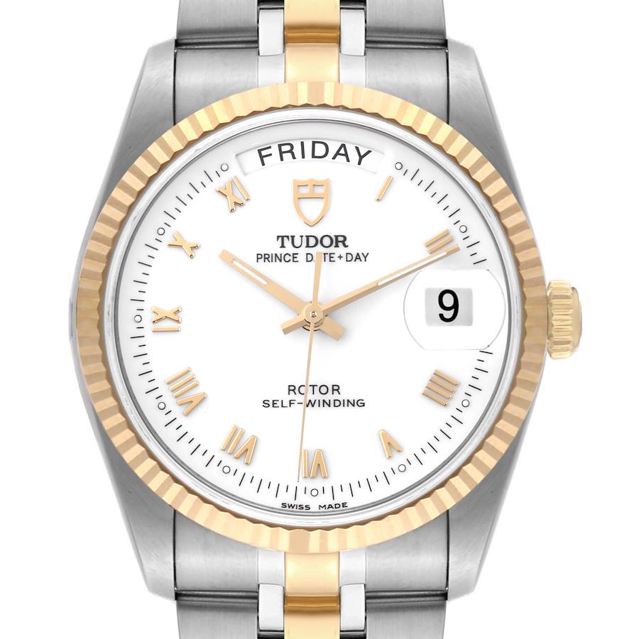 Tudor Date-Day White Roman Dial Steel Yellow Gold Mens Watch 76213 SwissWatchExpo