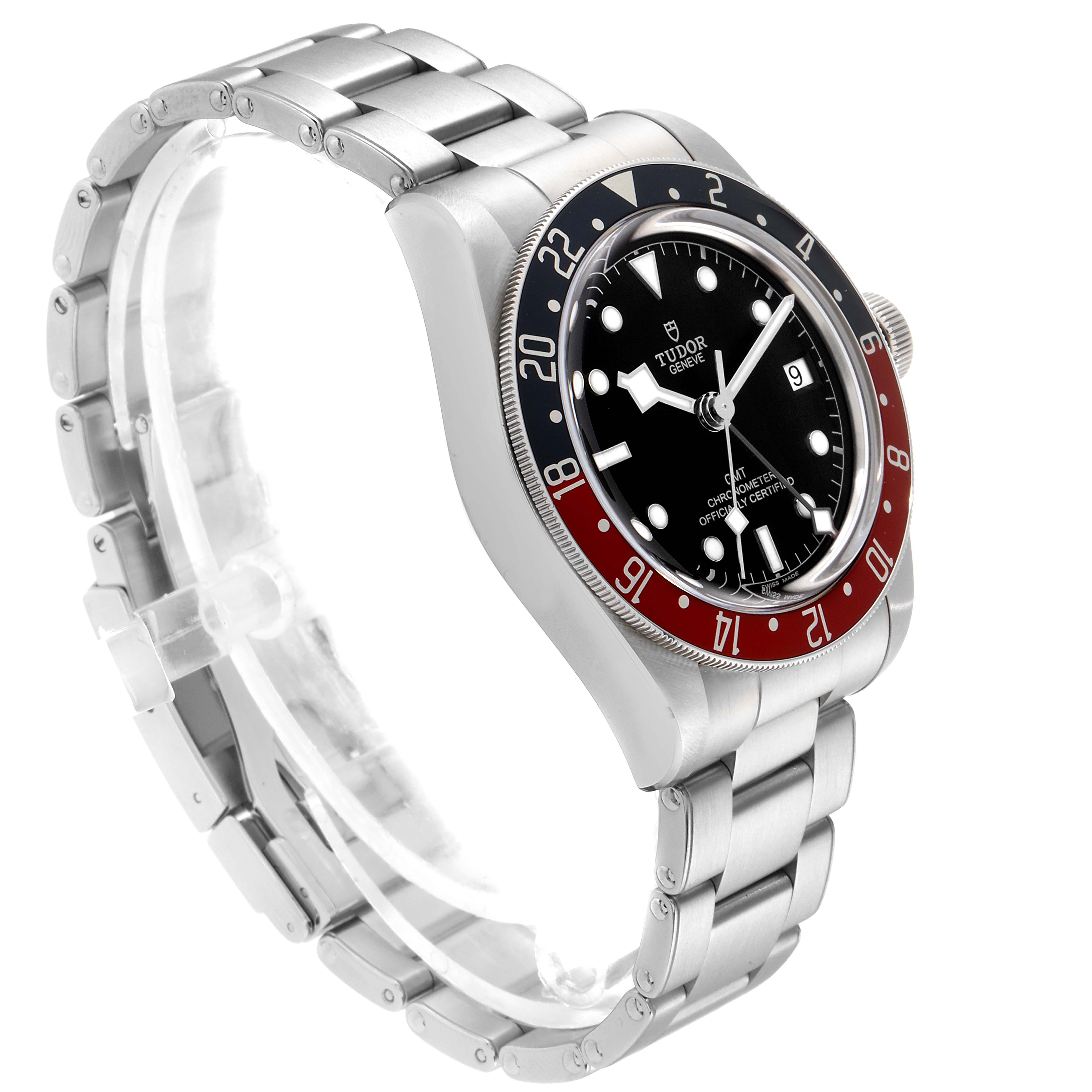 The image shows a Tudor Heritage Black Bay 79830RB Men
s Stainless Steel Black Dial 79830RB Men
s Stainless Steel Black Dial watch from a front-side angle, highlighting its bezel, dial, and bracelet.