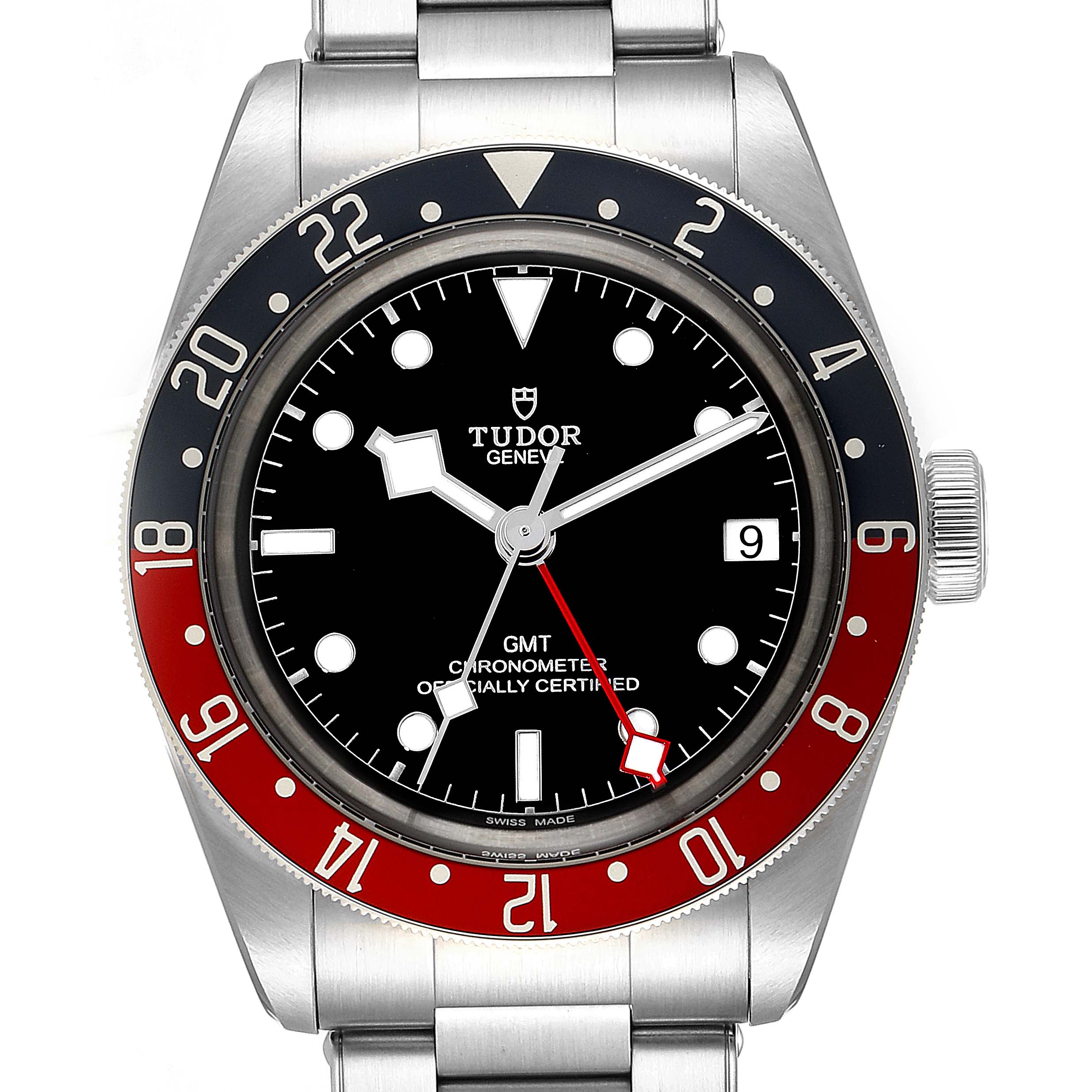 The image shows a front view of the Tudor Heritage Black Bay 79830RB Men
s Stainless Steel Black Dial 79830RB Men
s Stainless Steel Black Dial watch, displaying the dial, bezel, hands, date window, and part of the bracelet.