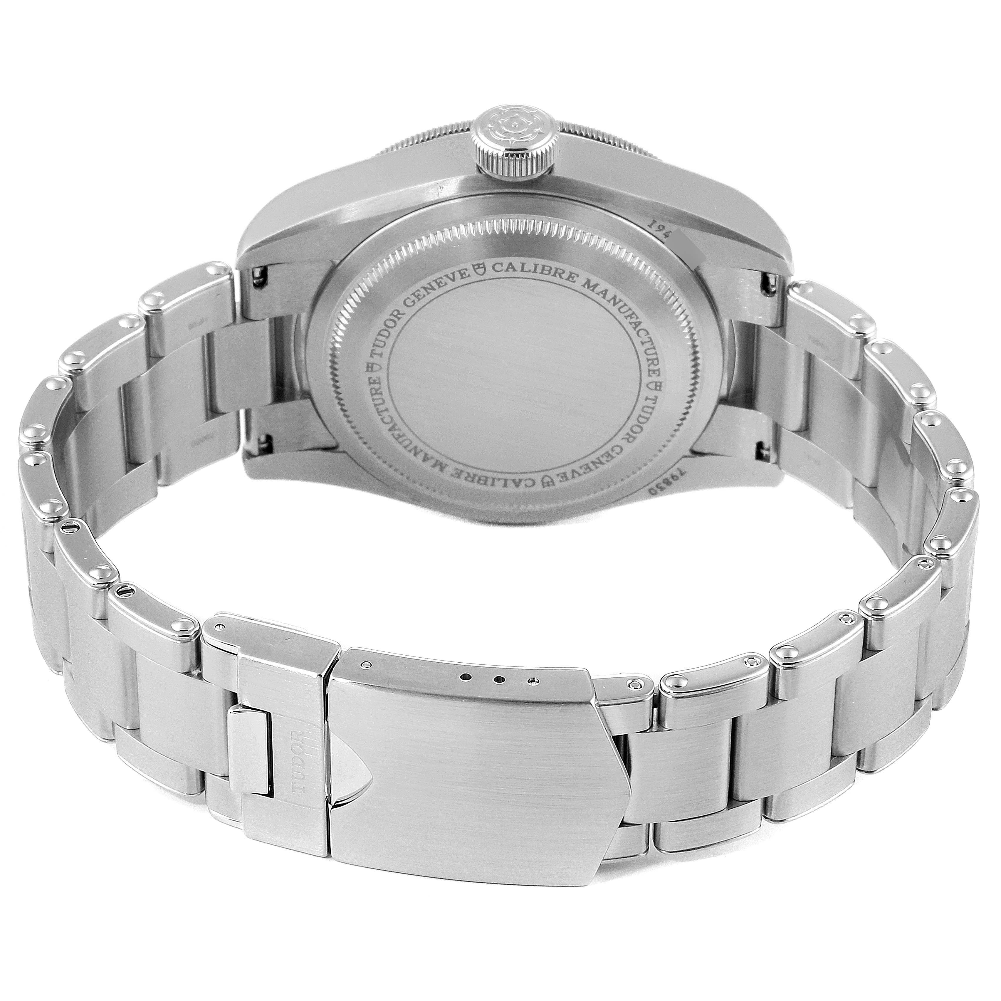 This image shows the back case and stainless steel bracelet of the Tudor Heritage Black Bay 79830RB Men
s Stainless Steel Black Dial 79830RB Men
s Stainless Steel Black Dial model watch from a rear angle.