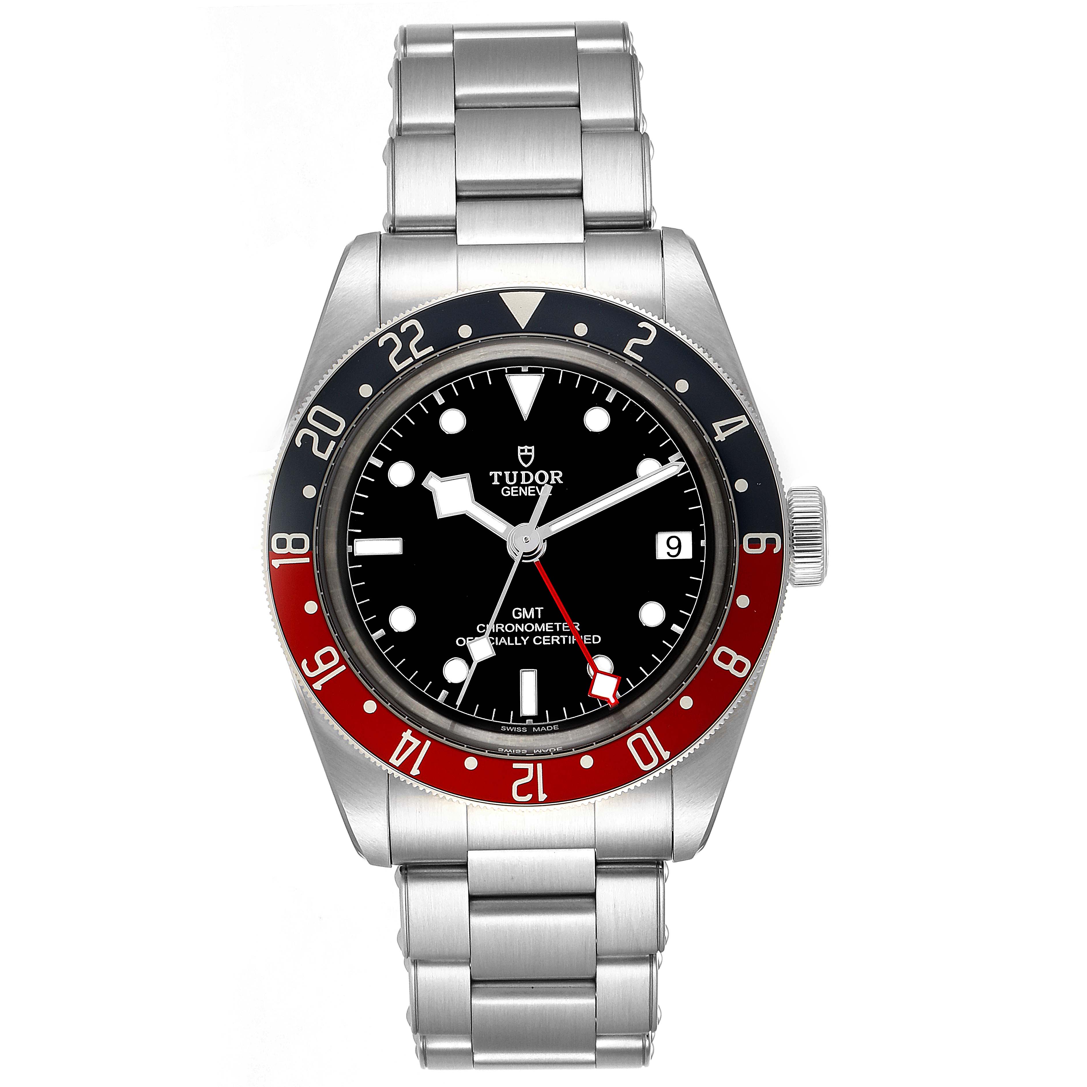 This image shows a front view of the Tudor Heritage Black Bay 79830RB Men
s Stainless Steel Black Dial 79830RB Men
s Stainless Steel Black Dial GMT watch, displaying the face, bezel, and bracelet.