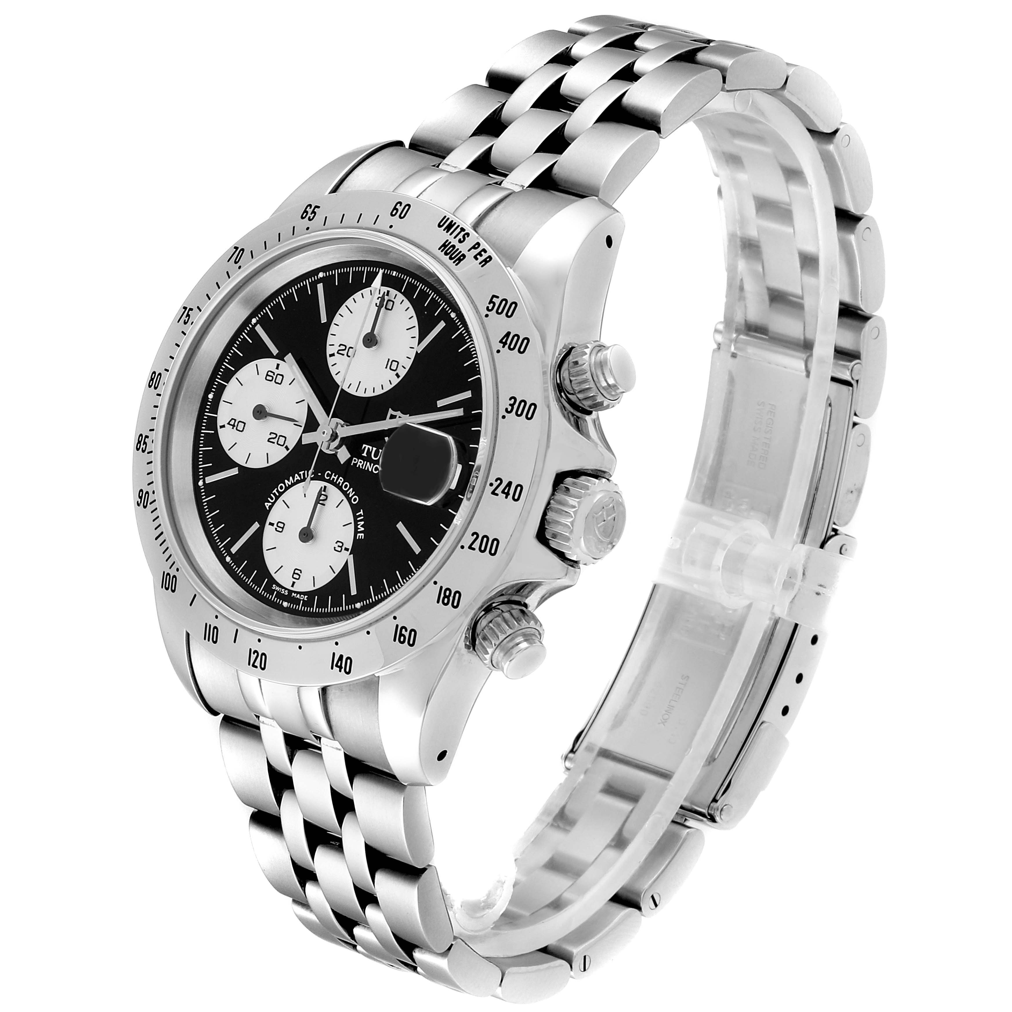 This image shows a side angle of the Tudor Prince 79280 Men
s Stainless Steel Black Dial 79280 Men
s Stainless Steel Black Dial model watch, highlighting the case, dial, and stainless steel bracelet.