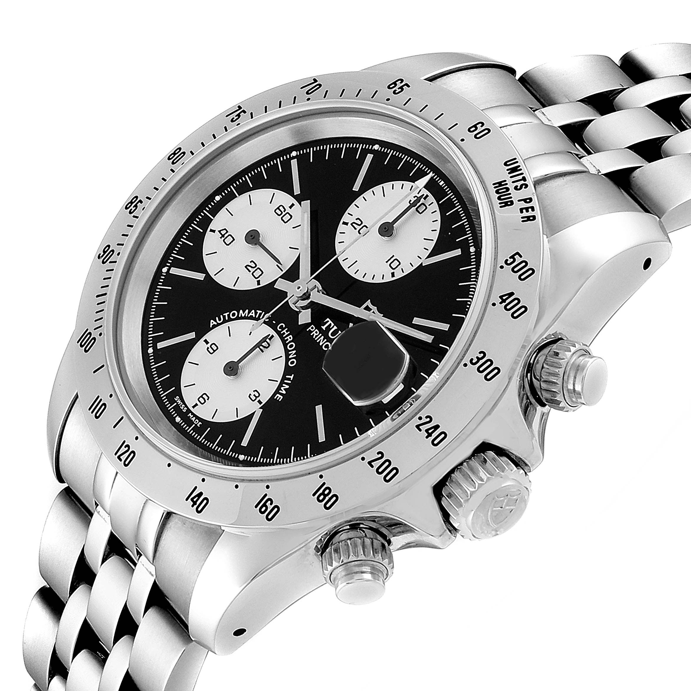 The image shows a close-up side angle of a Tudor Prince 79280 Men
s Stainless Steel Black Dial 79280 Men
s Stainless Steel Black Dial model watch, featuring the dial, bezel, and part of the bracelet.