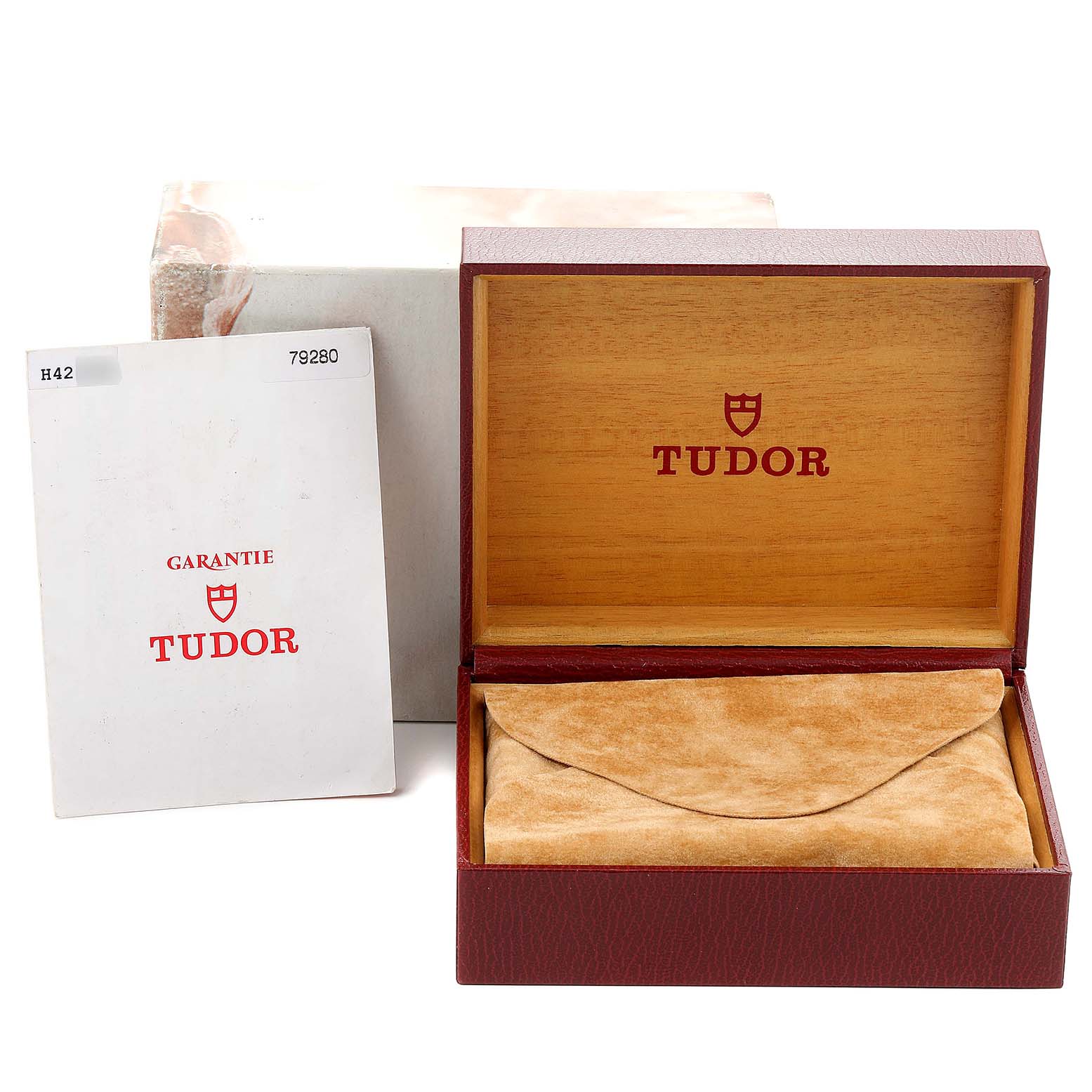 The image shows the packaging, box, and warranty card for a Tudor Prince 79280 Men
s Stainless Steel Black Dial 79280 Men
s Stainless Steel Black Dial model watch.