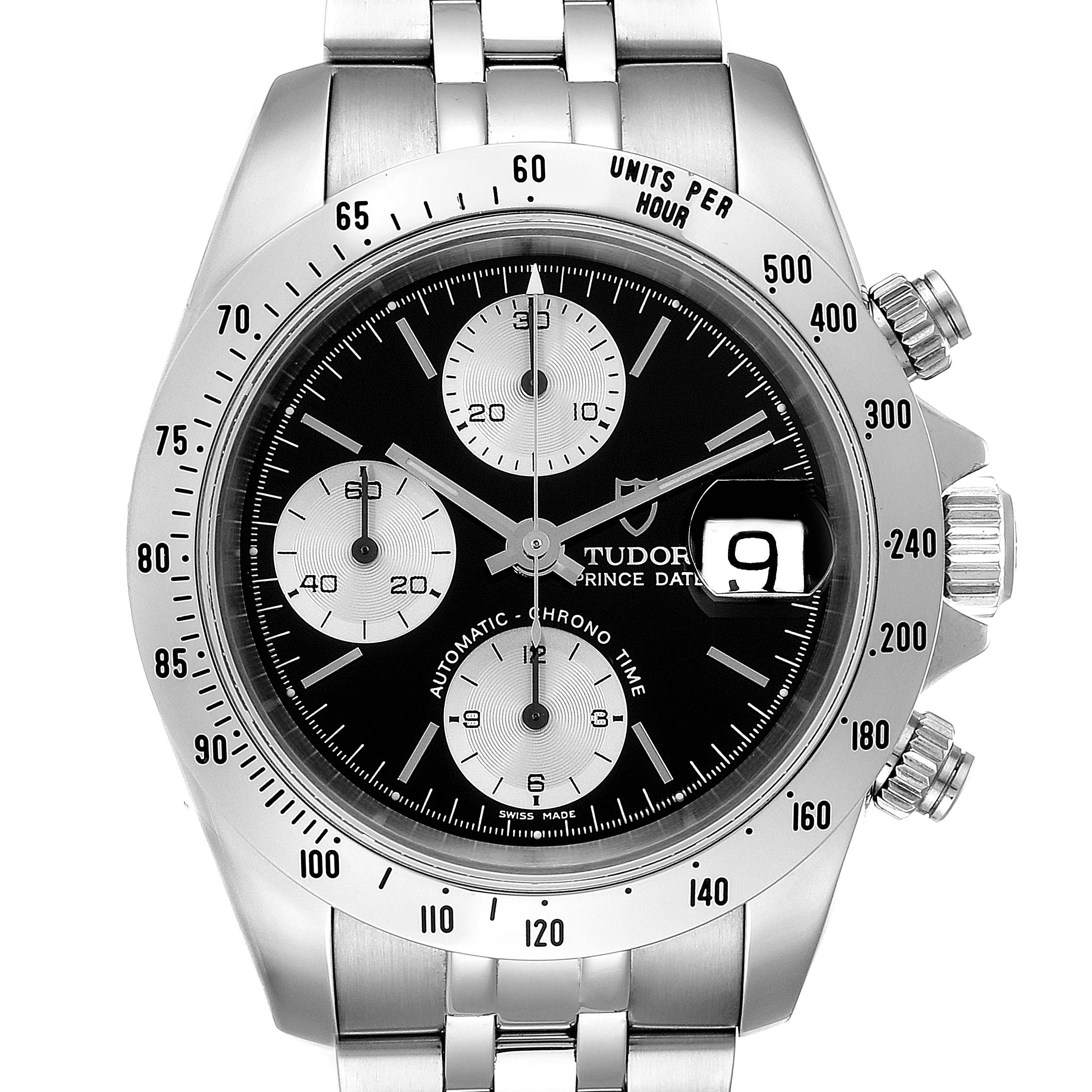 The Tudor Prince 79280 Men
s Stainless Steel Black Dial 79280 Men
s Stainless Steel Black Dial model watch is shown from a frontal angle, highlighting the dial, bezel, and crown.