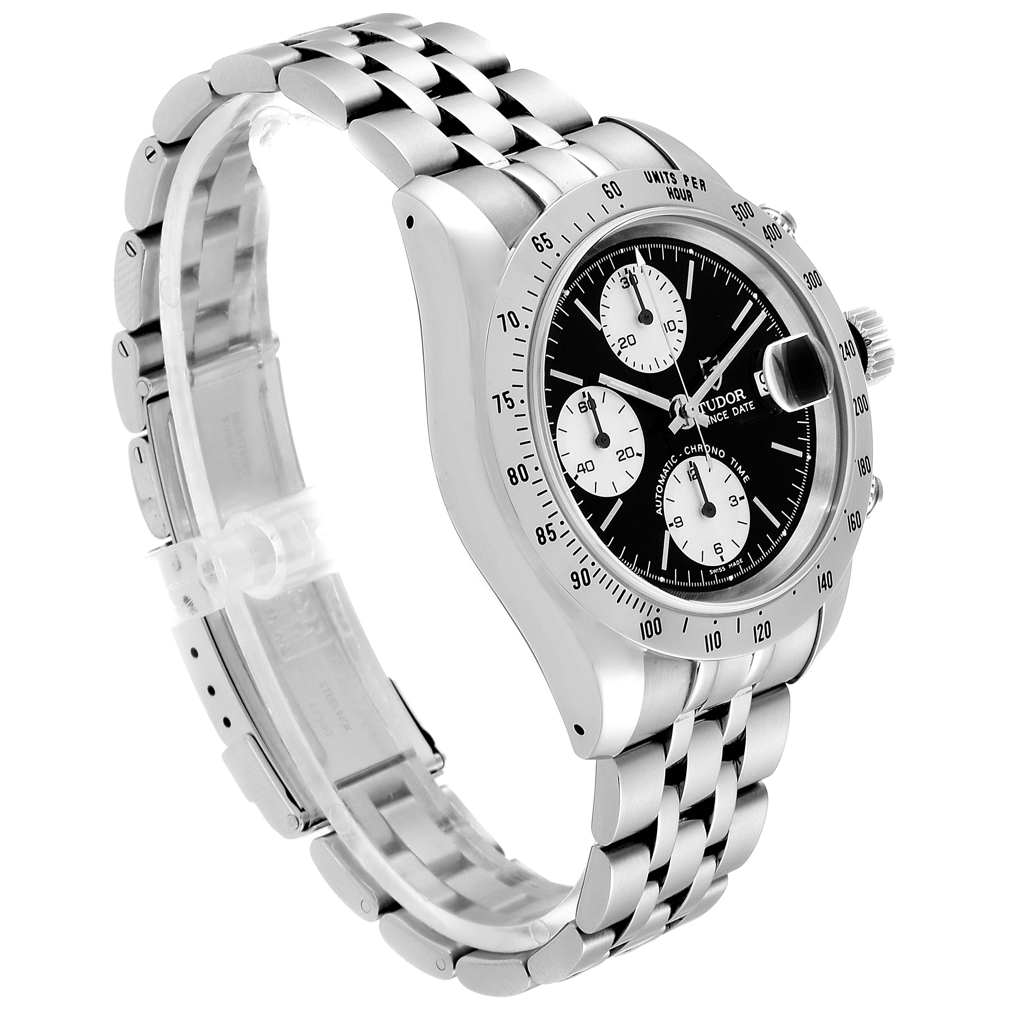 The image shows a side and front angle of the Tudor Prince 79280 Men
s Stainless Steel Black Dial 79280 Men
s Stainless Steel Black Dial model watch, highlighting its bezel, dial, and metal bracelet.